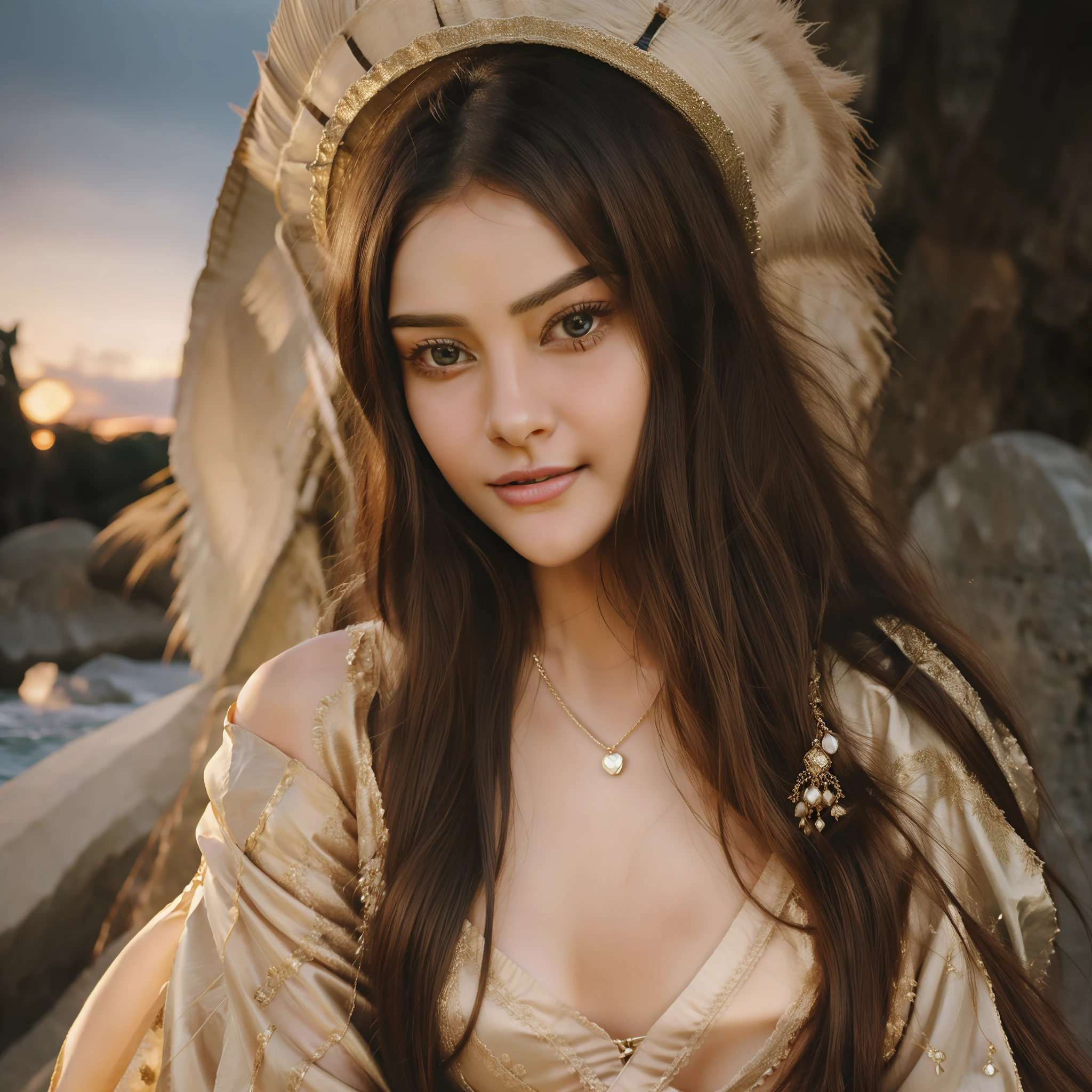 A closeup of a woman with long hair smiling for the camera, Maya Ali sorceress, very beautiful girl, beautiful beautiful, Maya Ali wind sorceress, Maya Ali Mage, Maya Ali sorceress, beautiful girl, she is about 1 6 , with cute - thin - face, Maya Ali, cute cute, actress, Yamy Yamy,waterfall at sunset, 4k