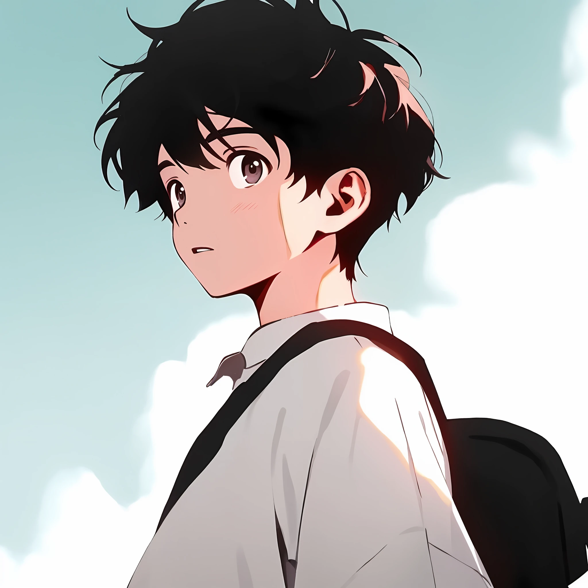Anime boy with black hair and backpack looking at the sky, Anime boy, young anime man, shinji, in the anime film, aramaki shinji, shuushuu anime image, inspired by Okumura Togyu, Makoto Shinkai. a digital rendering, boy has short black hair, as an anime character, High Quality Anime Art Style