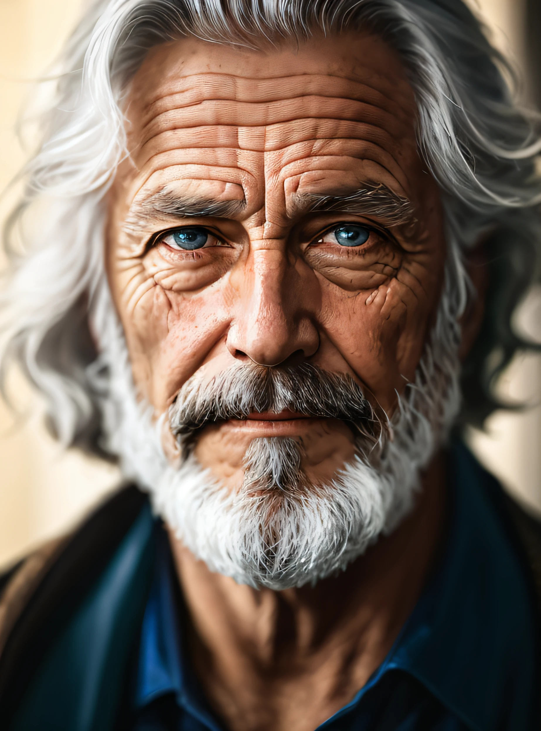 A portrait of a wizard, bearded, wrinkled, weathered, with piercing eyes, detailed face, high details, photography, dark studio, rim light, Nikon D850, 50mm, f/1.4