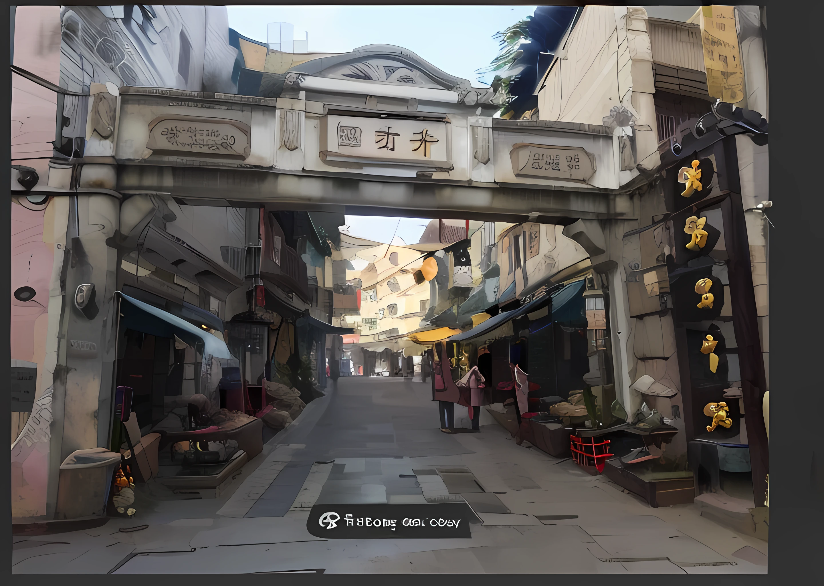 There is a street，There is a bridge above，There is a sign on it, ancient city streets behind her,artwork of a hong kong street，Realisticstyle，Anime landscape concept art，old city, guangjian, zhouzhuang ancient town, in a narrow chinese alley, narrow and winding cozy streets, Old town, ancient city of white stone, colonial era street, china town, wet market street, author：Qu Leilei