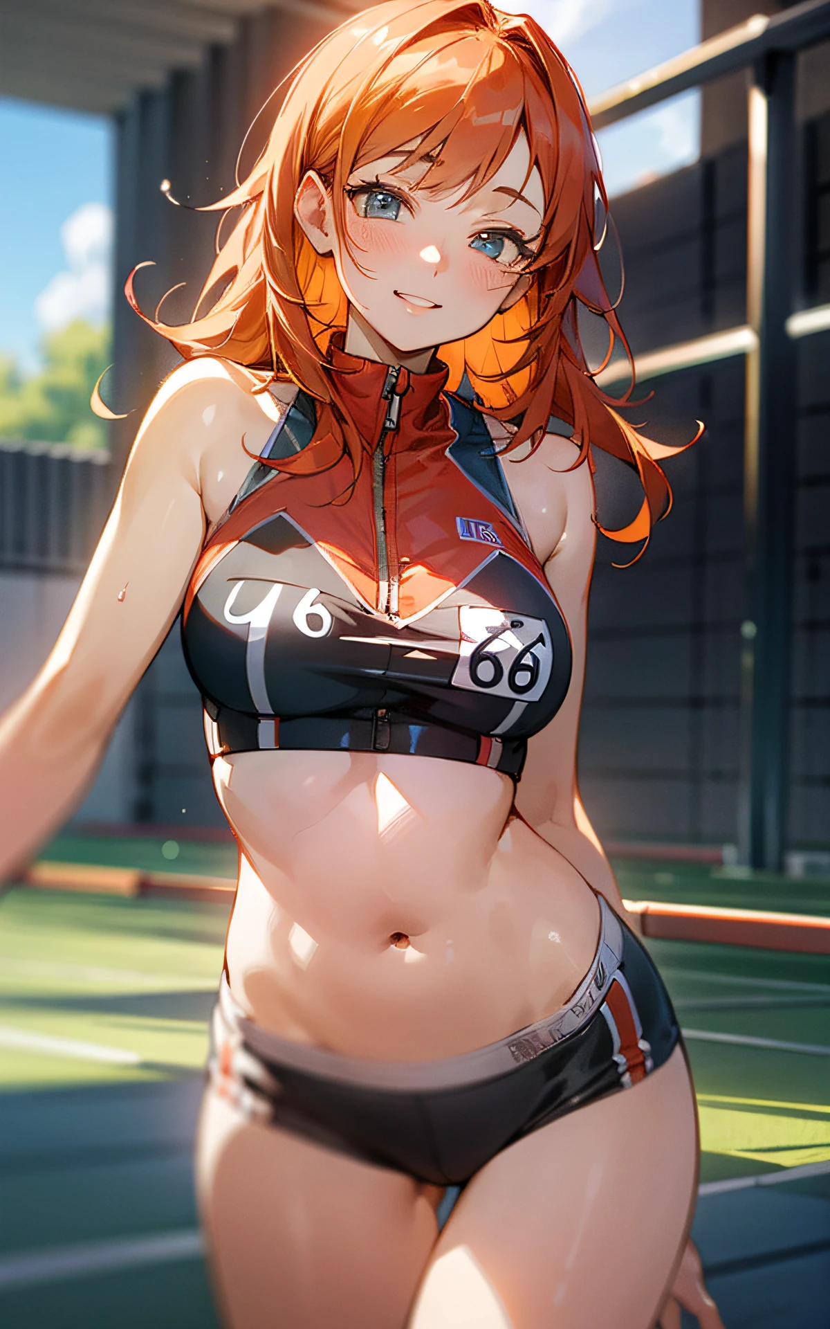 (Original Character、Unity 16K Wallpaper, Masterpiece, Best Quality, Ultra-Detailed, Extremely Detailed CG, Caustics, Cinematic Lighting, Detailed, Beautiful Detailed Eyes, solo), Ultra High Resolution, fine skin, (track and field:1.2) 、(strong light)、oily skin,smile , from front:1.2、(sexy women)、Arena、separate、racing bloomers、show off belly,show off neck,sunny day、cowboy shot,layered hair,blush、vivid orange hair,bent over,twin tale