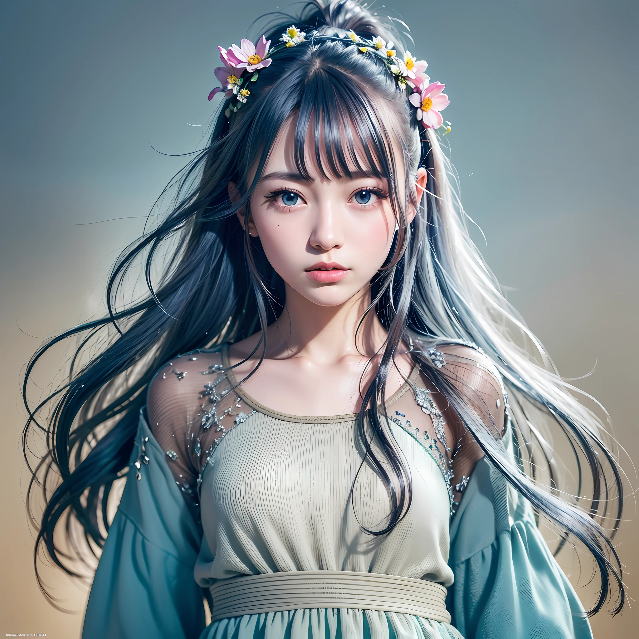 (masterpiece), (best quality), (ultra detailed),(disheveled hair),(illustration), (1girl), (Fashionable clothing), standing, Fashion model, looking at viewer, (interview), (simple background),beautiful detailed eyes, delicate beautiful face, Floating,(high saturation),(colorful splashes),colorful bubble,(shining), focus on face, ponytail, kamisato ayaka, light blue hair, bangs, hair ring, floating flowers, floating hairs, (shining), best lighting, best shadow,