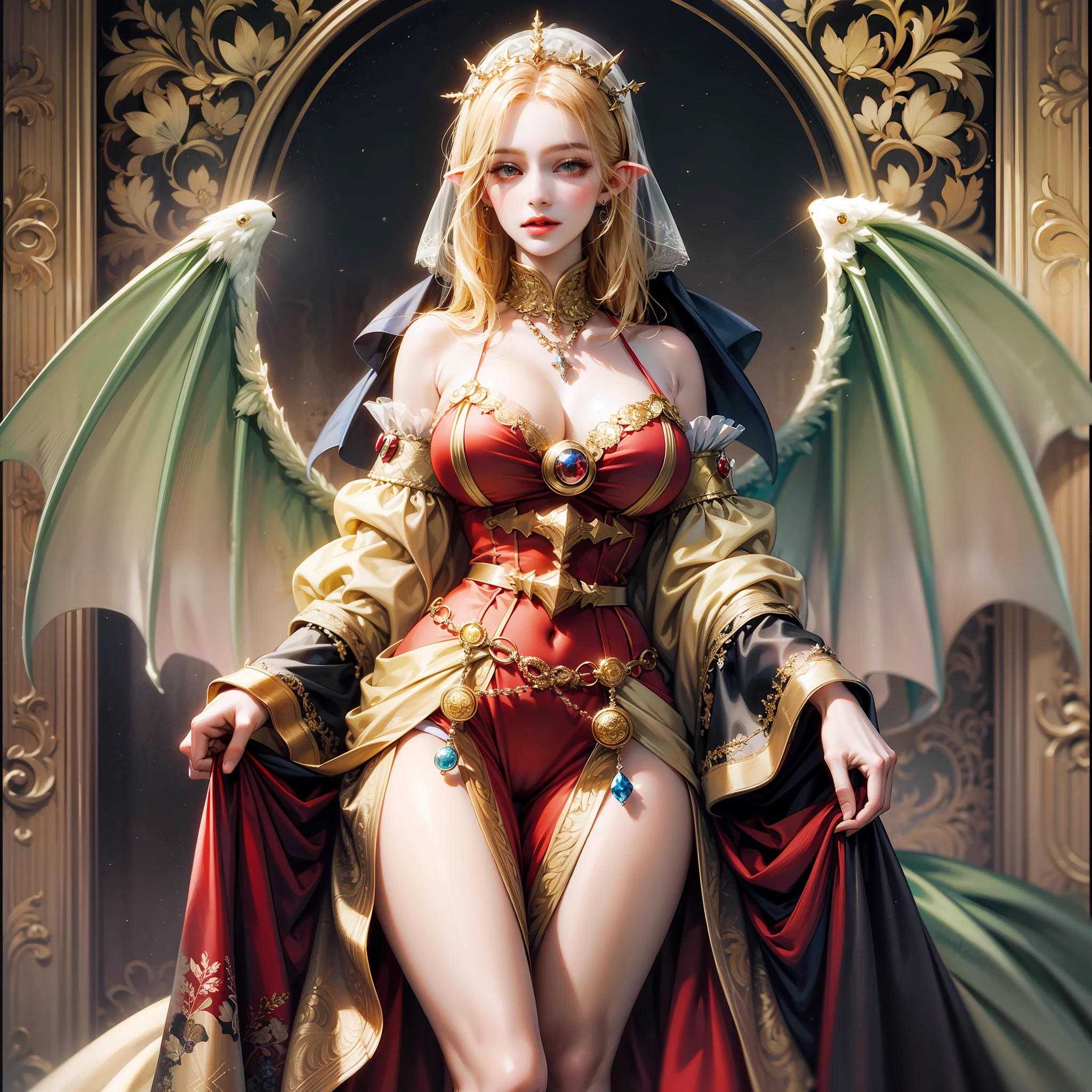 high resolution, highest quality, super high quality, super detail, ultra realistic, photorealistic, anime, illustration, fantasy, Northern Renaissance style, vampire, super intelligent beauty, mysterious, enchanting, sharp gold eyes, unkempt flowing layered long blonde hair, pointed ears, huge breasts, perfect proportion, slender, full body, big wings, veil, gorgeous crimson dress with gold embroidery, background Northern Renaissance style, kaleidoscope, royal palace