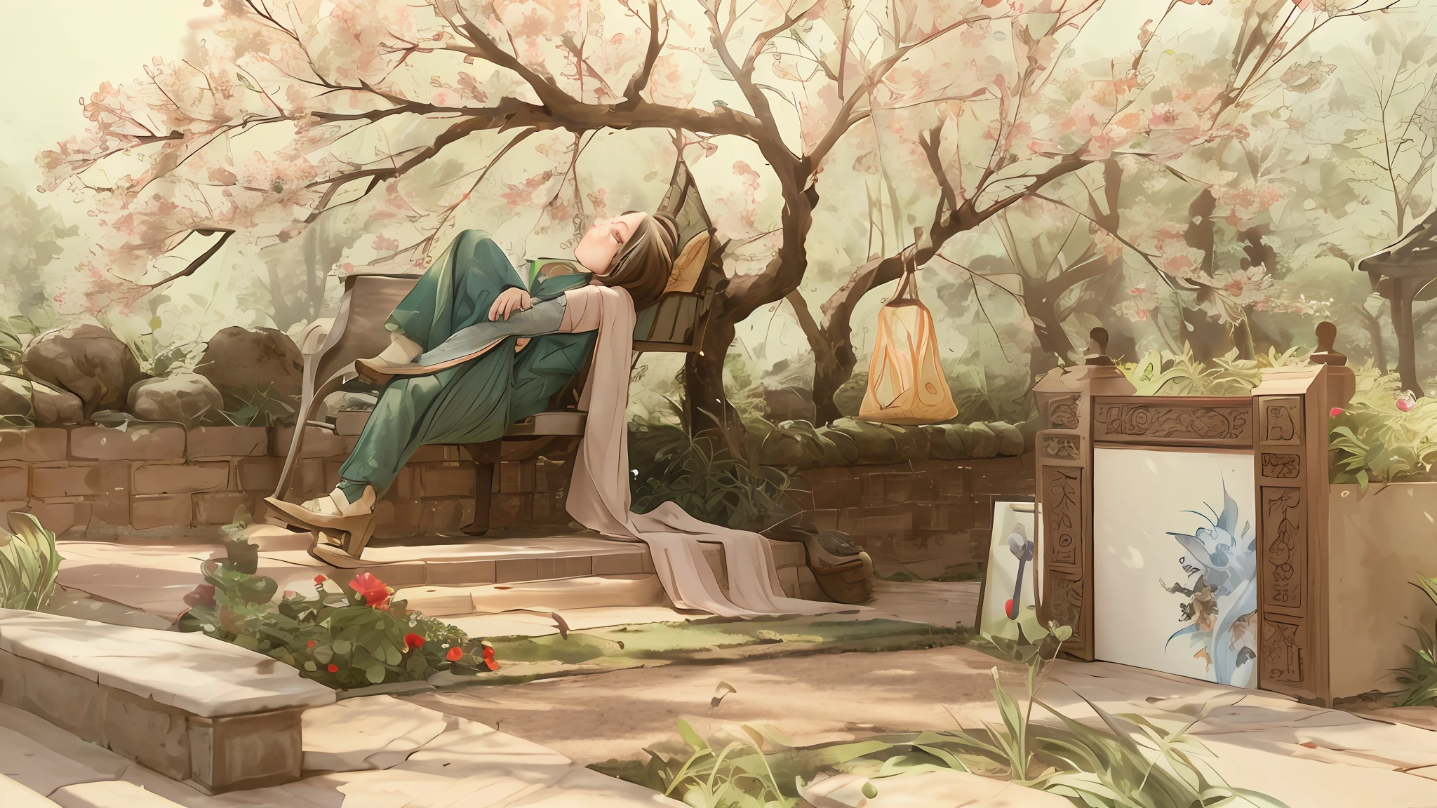 Anime - Style painting of a woman sitting on a garden bench, A beautiful artwork illustration, krenz cushart and wenjun lin, Anime fantasy illustration, Beautiful anime artwork, By Yuumei, Anime fantasy artwork, author:Chen Lin, Inspired by Fenghua Zhong, author:Zhou Chen, author:Shitao, by Yang J, By Li Song