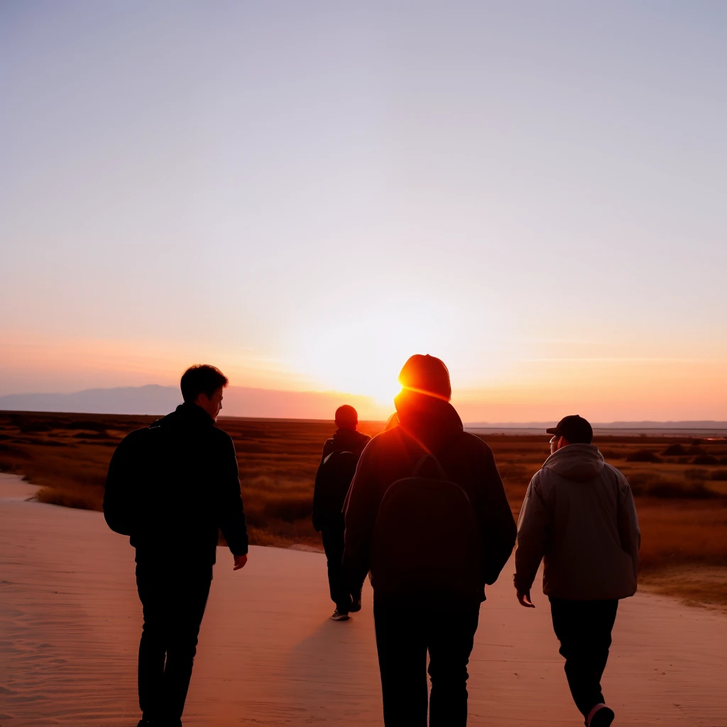 male people。Back Shadow,low head,Hurry,eventide,Gobi,the setting sun,Look forward,