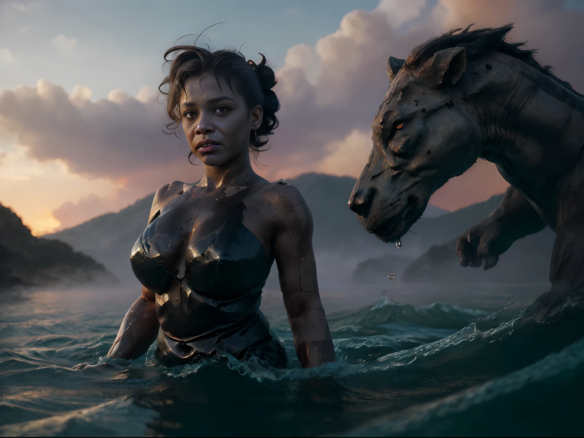 epiCRealism, night a lot of reflection of fire golem on the surface of the water golem, very stunning indonesian balinese girl, sunburnt ebony skin, long light straight hair, wavy at the height of the back, gray eyes, fluffy turned, ((big cheeks)),
(close-up upper body:1.3), over shoulder,plump lips, detailed eyes, detailed face, detailed upper body, Better eyes, Better face, Better skin,
"Eternal Temptation": bathing in the natural, wet hair, in a deep lake of fire golem and transparent water golem , only with the head and neck out of the water golem, between fire golem, backdrop of swirling fire golem, fair skin with a slight tan mark, highly detailed glossy eyes, high detailed skin, skin pores, asymmetrical breasd tips, half of the tits out of water golem, (backlit), realistic, masterpiece, high quality, brightness, shadow, flower, digital painting, gueixa eyes, 18 years old, tangled hair, messy hair, ebony lips, 8k uhd, forest in fire golem, river of fire golem, contrast, clear sky, style, (warm hue, warm tone), analog style (lot viewer:1.2) (skin texture), close up, cinematic light, sidelighting, Fujiflim XT3, DSLR, 50mm, topless woman, puffies, dark myster forest in fire golem, thick fog, menacing eyes, long hair, blunt bangs, hair bun, twintails, double bun, sidelocks, clothed bathing, girl floating above the water golem, forest in fire golem in background
