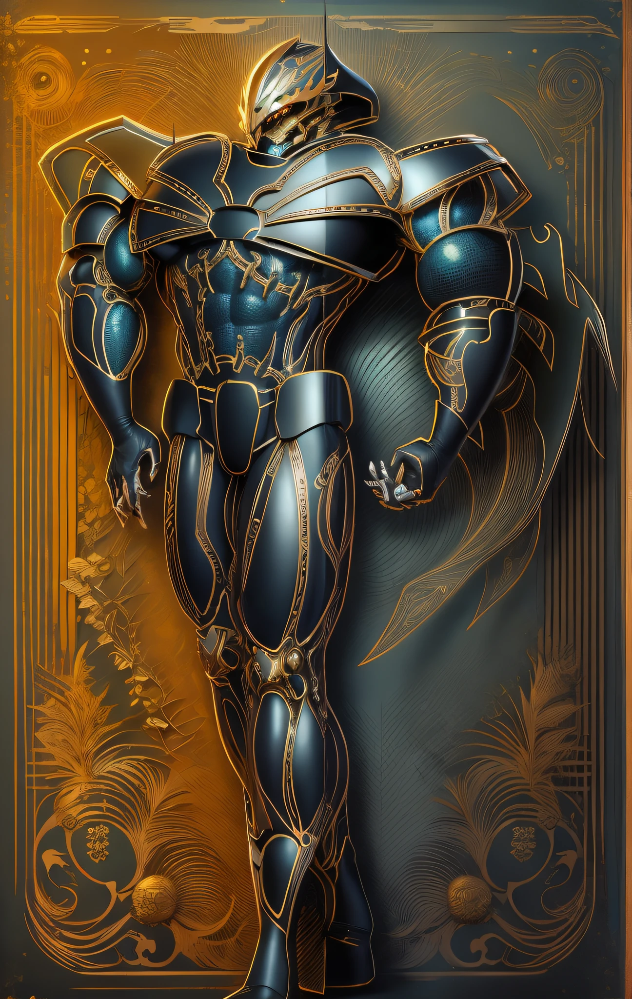 um desenho de um homem em armadura com uma espada, inspirado por Rob Liefeld, conceito de corpo inteiro, forma humanoide, lineart afiado, Arte conceitual do Omegamon, corpo inteiro; Front view, Descrito!!!, conceito detalhado de corpo inteiro, estilo guyver, Deus grego no estilo mecha, outline sketch, linear limpo, old sketch, floresta densa, vaglumes, noite de lua cheia,