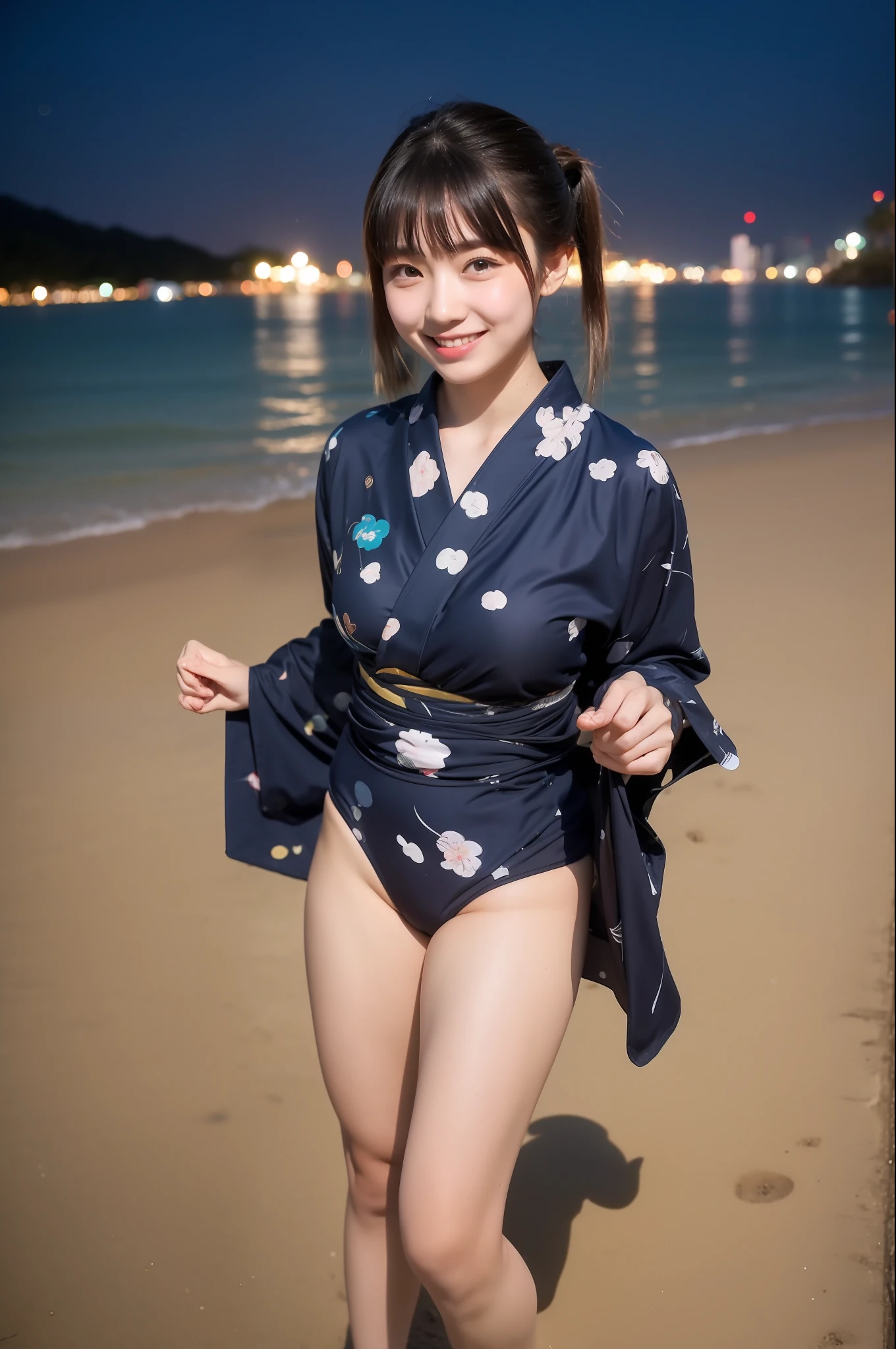 ((Japan girl in yukata-style swimsuit)),18year old,bangss,Thin eyebrows,a little bit smile,short cut hair,pigtail,thighs thighs thighs thighs,sand beach,night sky,fireworks,2 persons