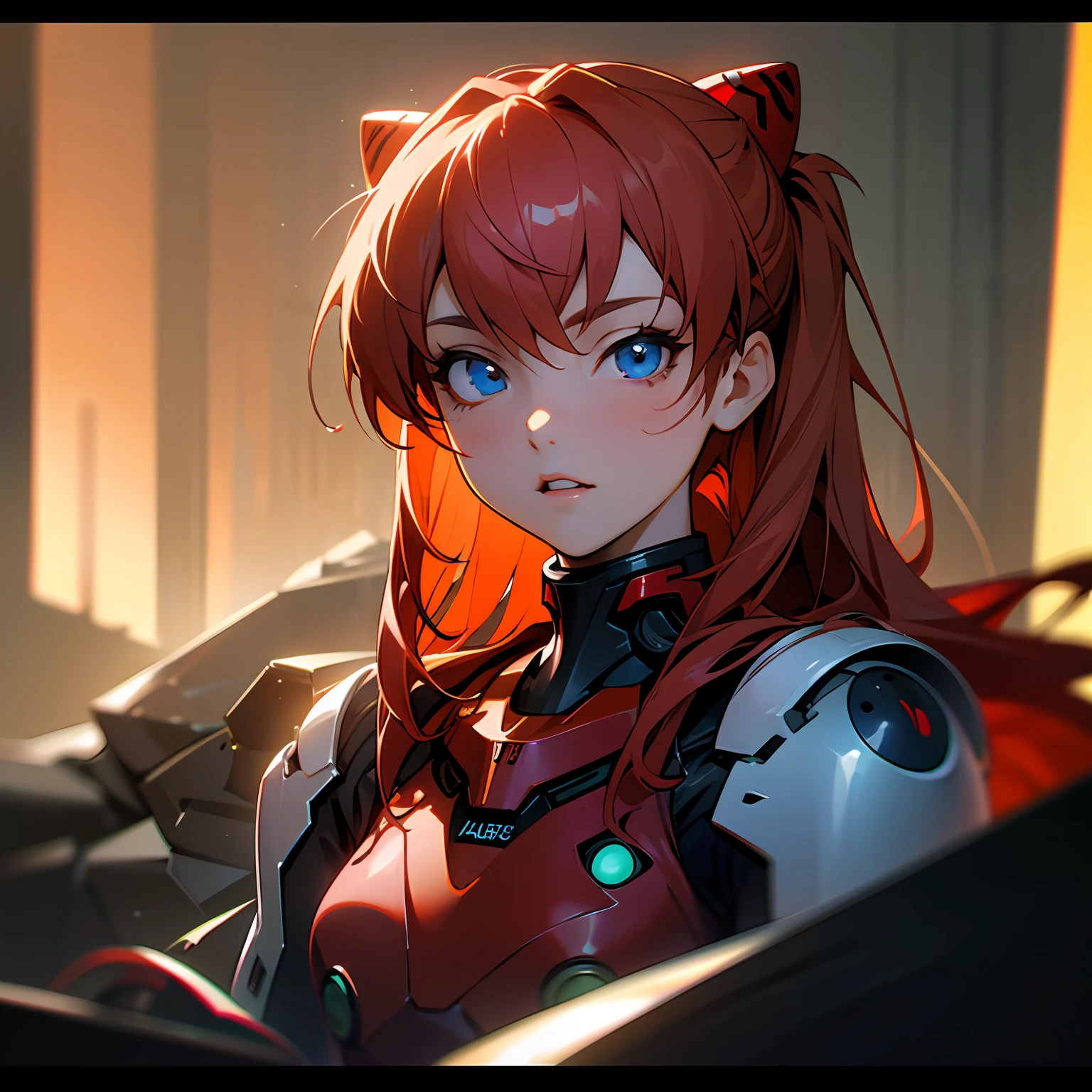 Photorealism, bautiful portrait, beautiful Asuka Langley Soryu in a scifi armor, in a futuristic city, Photorealism, anime girl, vampire, with red hair, red dress, blue eyes, glowing, flowerpunk, samuraipunk, iridescent, bioluminescent, tattoopunk, hyper - detailed vibrant cinematic raking light, stunning, subsurface scattering, ambient occlusion, chromatic aberration, 8k --auto