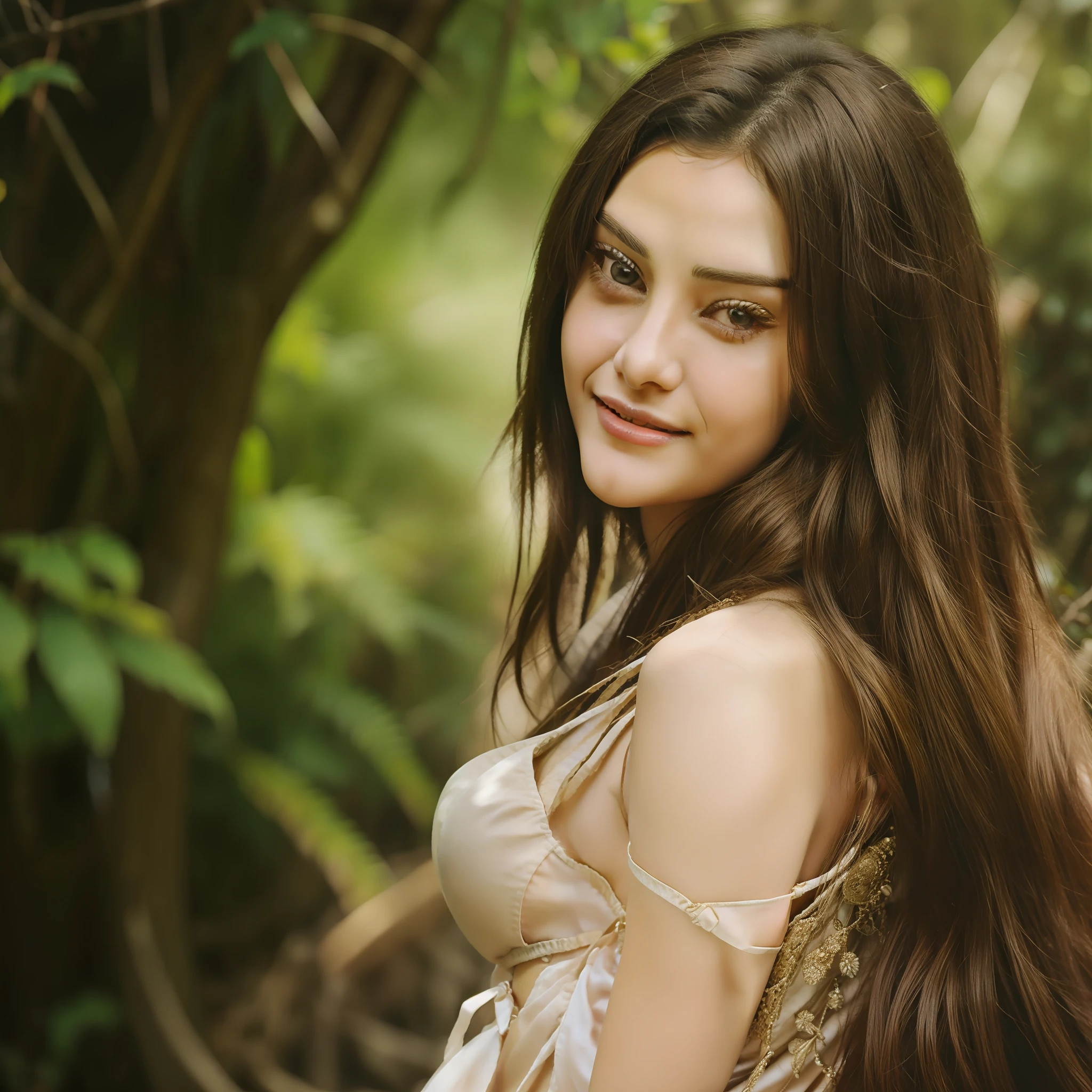 A closeup of a woman with long hair smiling for the camera, Maya Ali sorceress, very beautiful girl, beautiful beautiful, Maya Ali wind sorceress, Maya Ali Mage, Maya Ali sorceress, beautiful girl, she is about 1 6 years old, with cute - thin - face, Maya Ali, cute cute, actress, Yamy Yamy,forest,4k