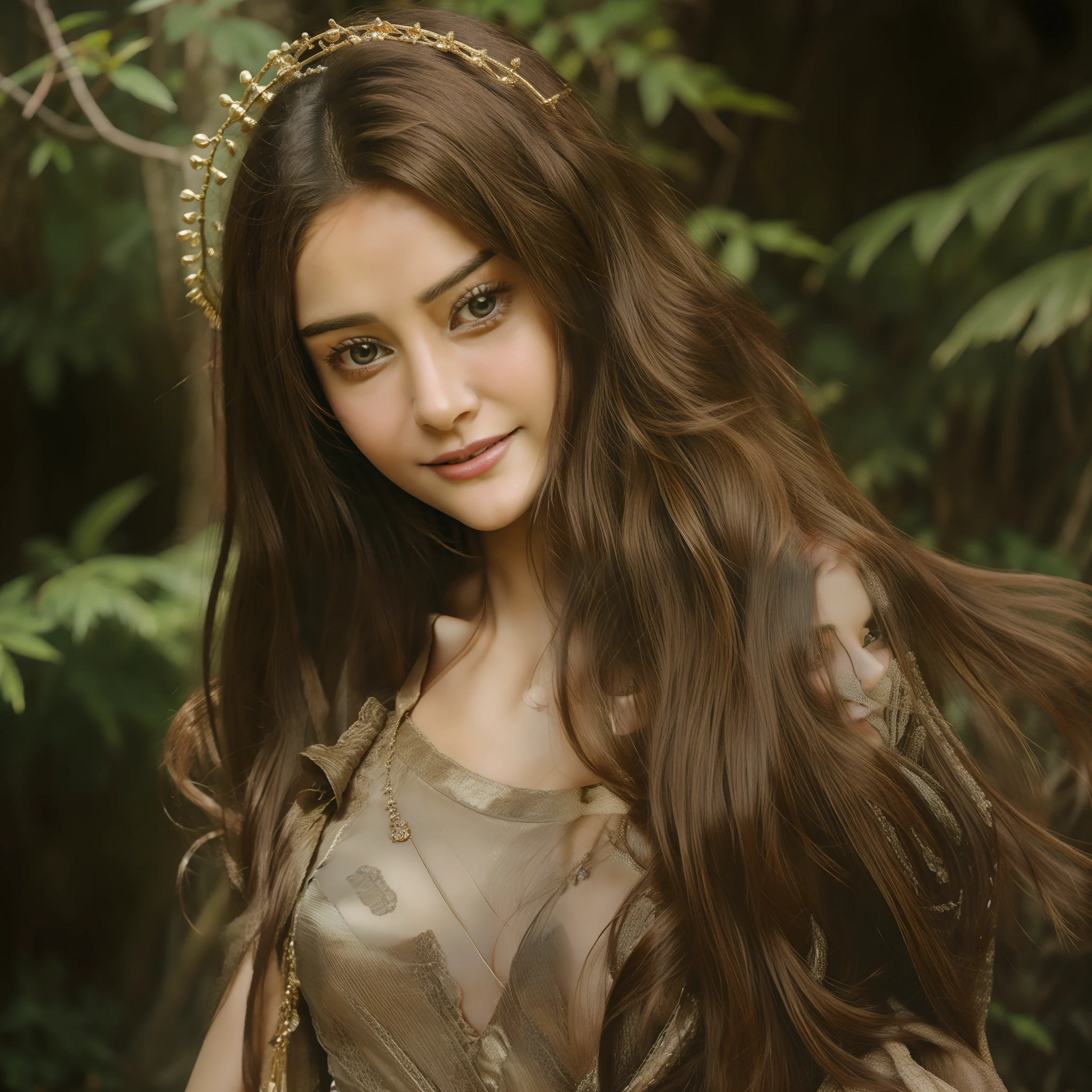 A closeup of a woman with long hair smiling for the camera, Maya Ali sorceress, very beautiful girl, beautiful beautiful, Maya Ali wind sorceress, Maya Ali Mage, Maya Ali sorceress, beautiful girl, she is about 1 , with cute - thin - face, Maya Ali, cute cute, actress, Yamy Yamy,forest,4k