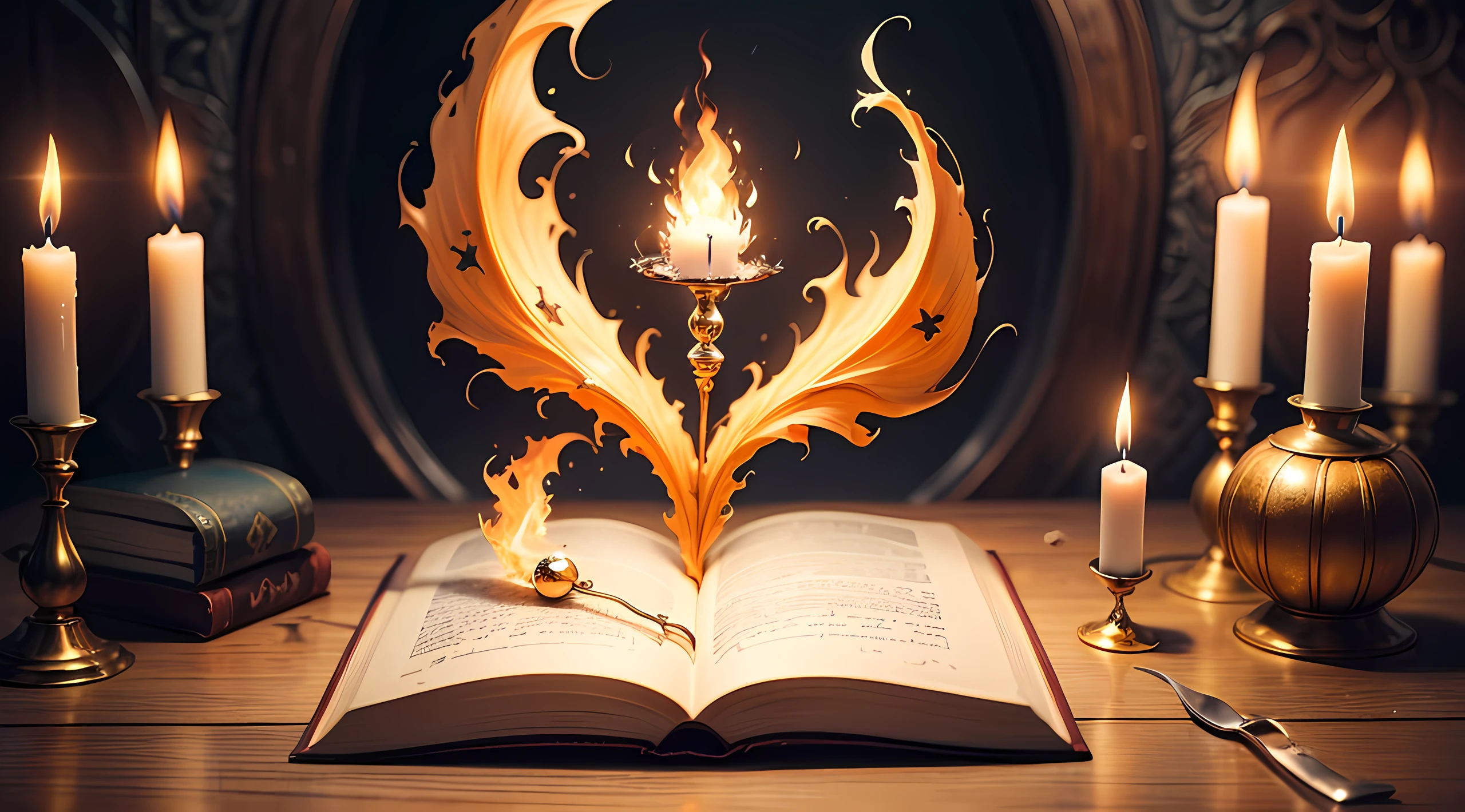 There is a candle and a book on a table with a candle, holy fire spell art, holy flame spell, open magic book glowing, Reading an evil demonic book, Estudando um portal de fenda aberta do inferno, spell book, bible illustration, um fundo espiritual abstrato, magic book, fantasy book illustration, akashic, Uplighting, spiritual lighting, conhecimento intenso, black magic spells --auto