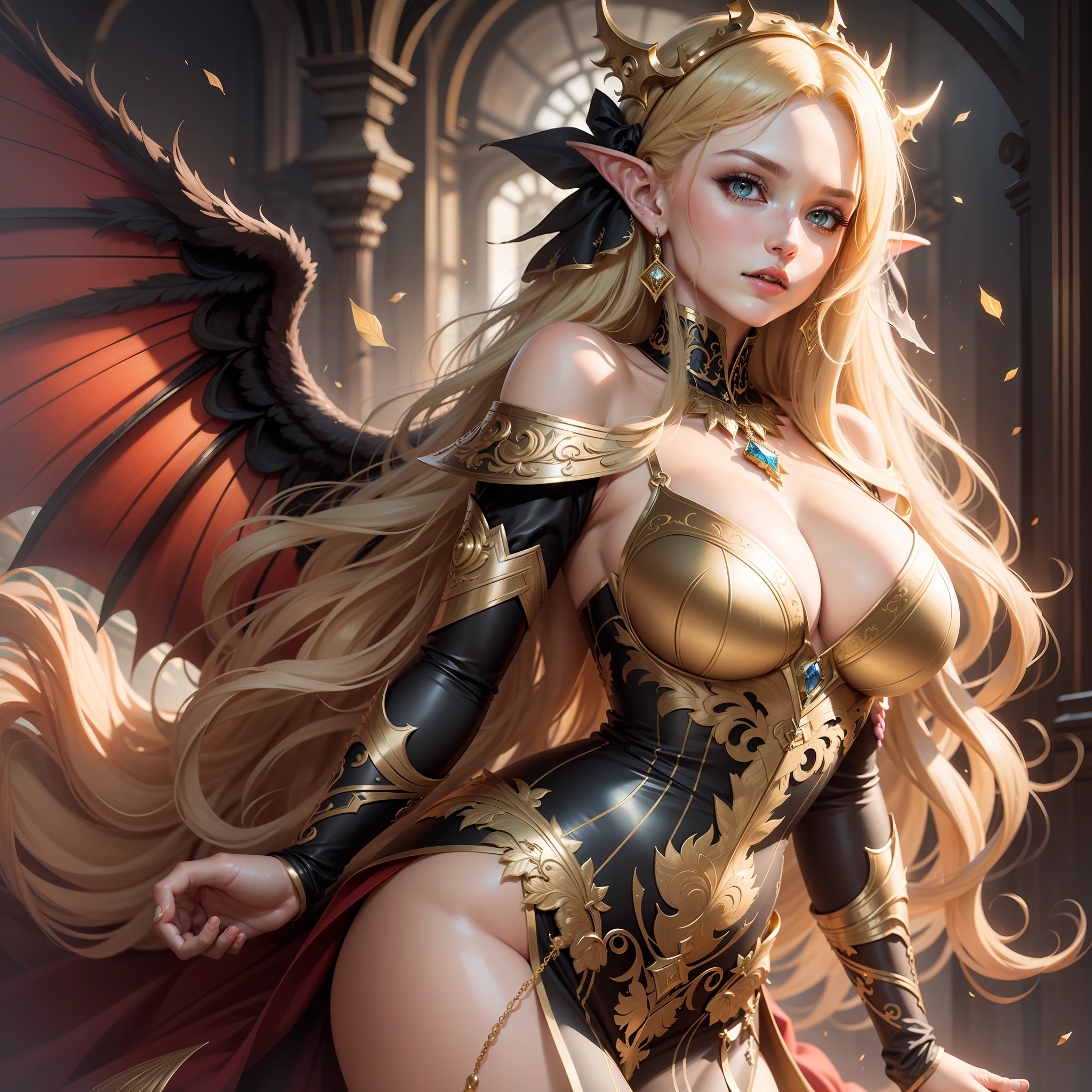 high resolution, highest quality, super high quality, super detail, ultra realistic, photorealistic, anime, illustration, fantasy, Northern Renaissance style, vampire, super intelligent beauty, mysterious, enchanting, sharp gold eyes, unkempt flowing layered long blonde hair, pointed ears, huge breasts, perfect proportion, slender, full body, big wings, veil, gorgeous crimson dress with gold embroidery, background Northern Renaissance style, kaleidoscope, royal palace