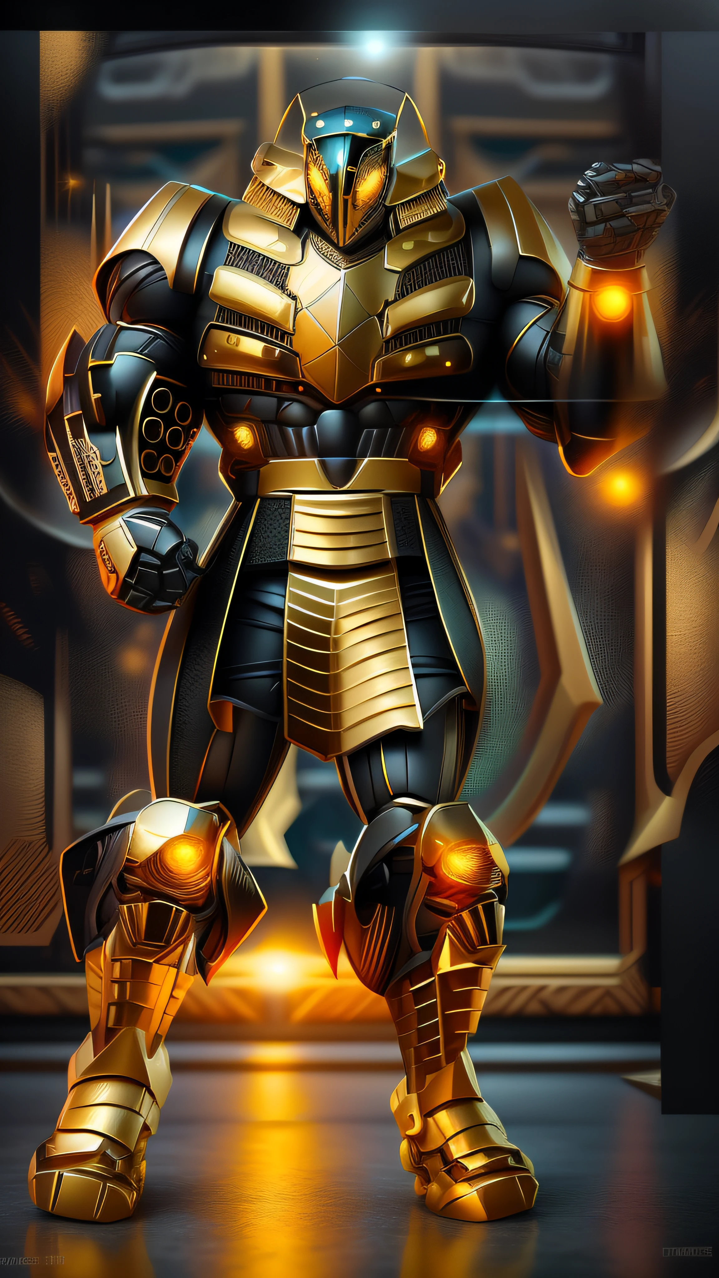 a close up of a robot with a glowing suit on, flare, poses e movimentos de luta como as de Ryu de Street Fighter 2, armadura brilhante elegante, Retrato completo de Electromancer, luzes brilhantes na armadura, Deus grego no estilo mecha, Armadura obsidiana de ouro pesado, Sci - Armadura de Fi:! musculoso, intrincada armadura mecha brilhante, Armadura Obsidiana de Ouro, cyber fight armor, Personagem de Mortal Kombat, Armadura Conceitual, Bokeh, blur, Fulgurar
