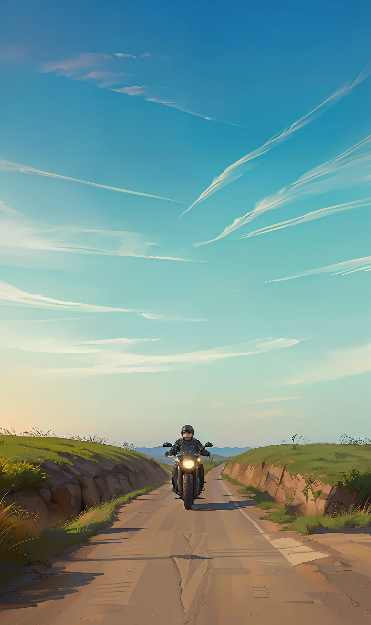 There was a man riding a motorcycle on a dirt road, riding on the road, on road, lonely rider, shot on iphone, side looking, the road is accessible, Long road, distant!!, In the distance, tour, taken with sony alpha 9, iphone capture, Track the horizon, Long dirt roads, looking towards the horizon --auto