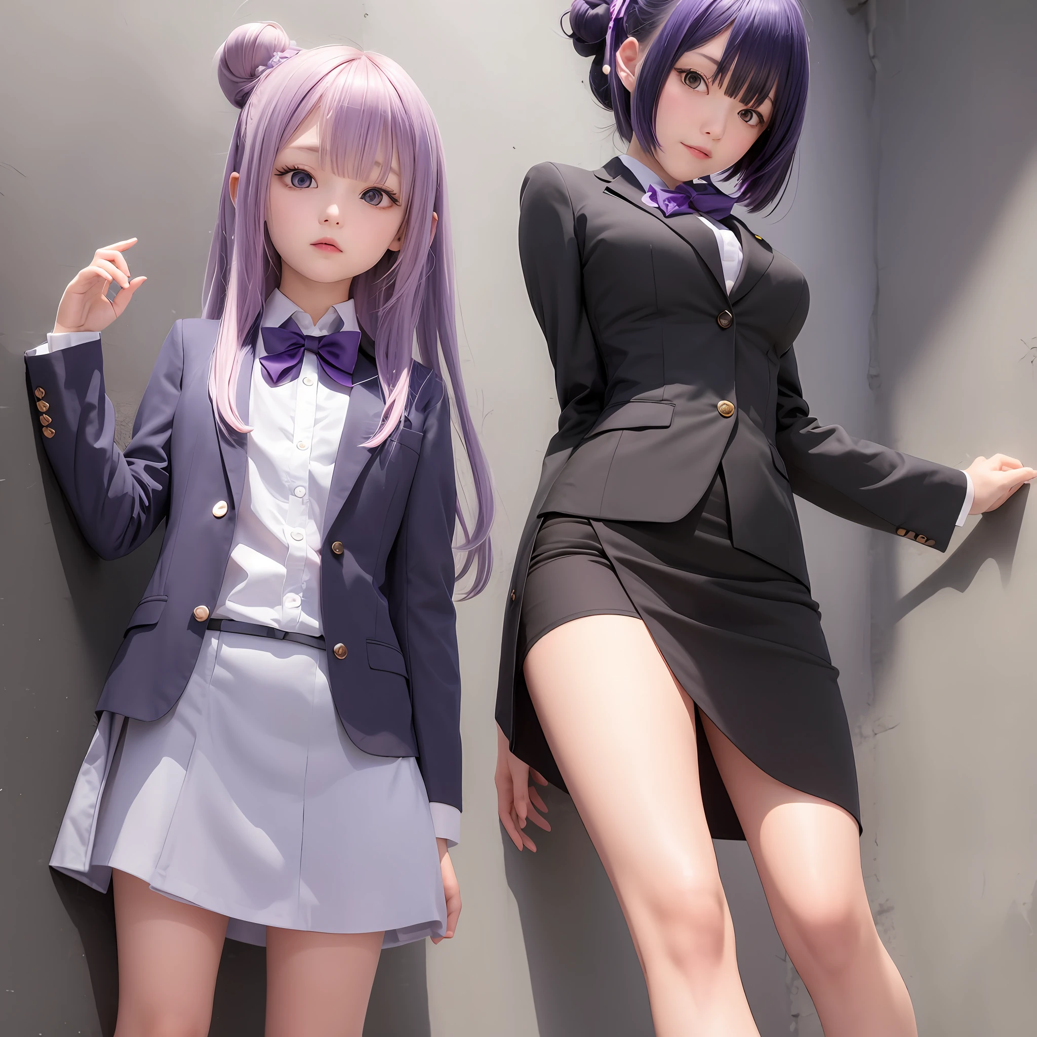 The upper part of the body、女の子1人、purple color  hair、Bun Hair School、Purple Eye、Piece It Piece、Formal Blazer、a short skirt、large full breasts、Medium Breath、bow ribbon、wall-paper、Urban background、 Japan anime-style odd eye spell, I see the moon.