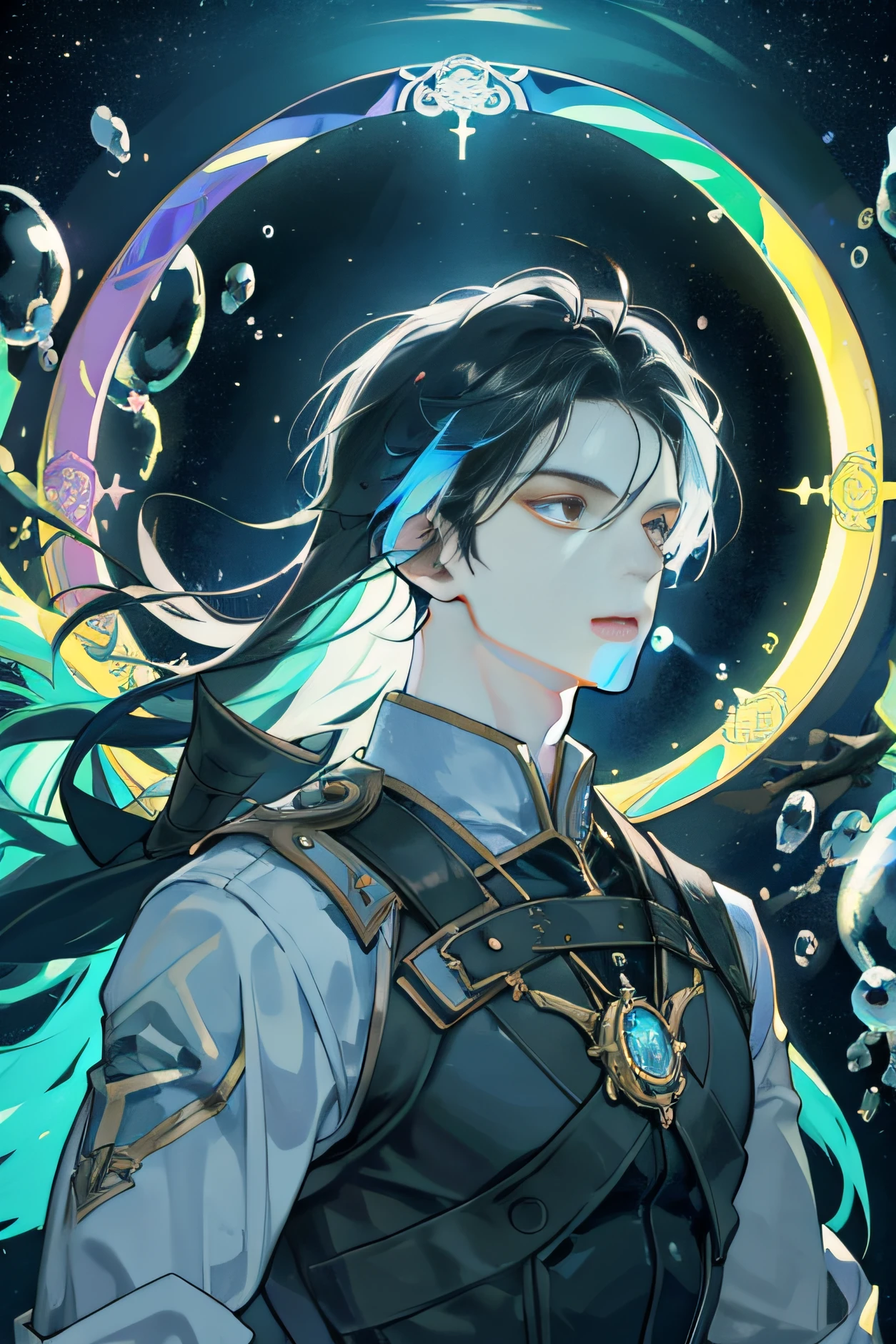 masterpiece, best quality, 1 male, adult, mature, tall muscular guy, Dark theme, Magic circle, bubble, rainbow Sunlight, Underwater, Reflected mirror, floating piece of Glass, Rainbow light, Bubble Swirling, wind Swirling, Aurora, fantasy scenery, Starlight around the character, (upper body)