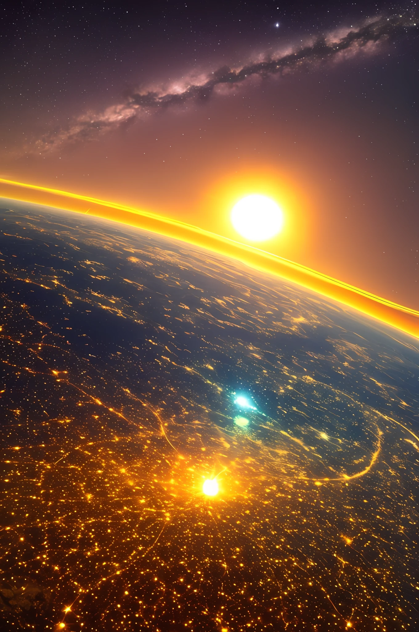 "Vibrant, cartoonish view of outer space, Expanding astronomical illusion, Majestic land seen in the distance, estrelas cintilantes e brilhantes, intensa e arrebatadora luz."