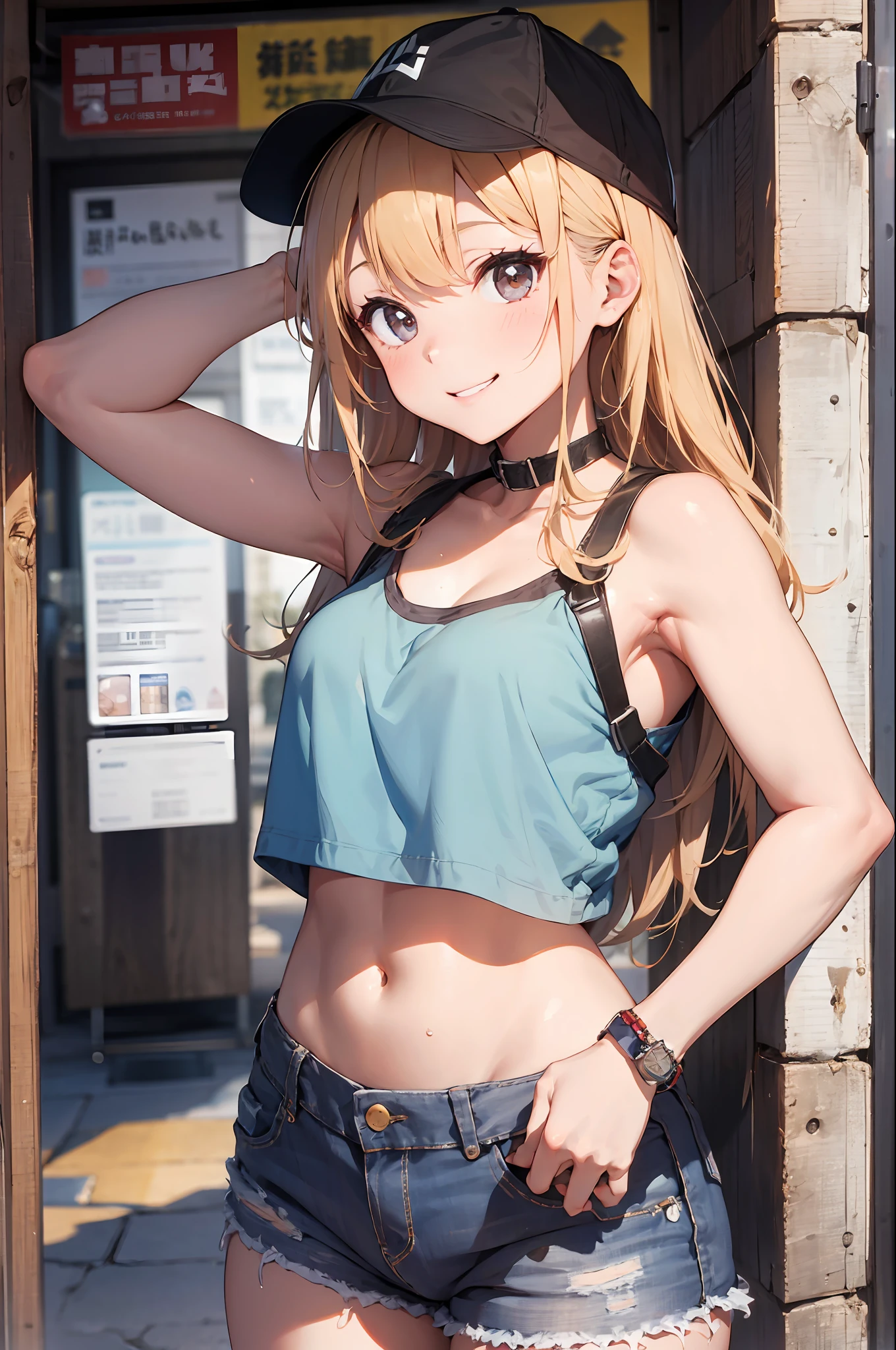 Top image quality、in 8K、a blonde girl、The long-haired、put out one's forehead、Tank Tops、Jeans shorts、sandal、Description Background、Ice cream shop、a smile