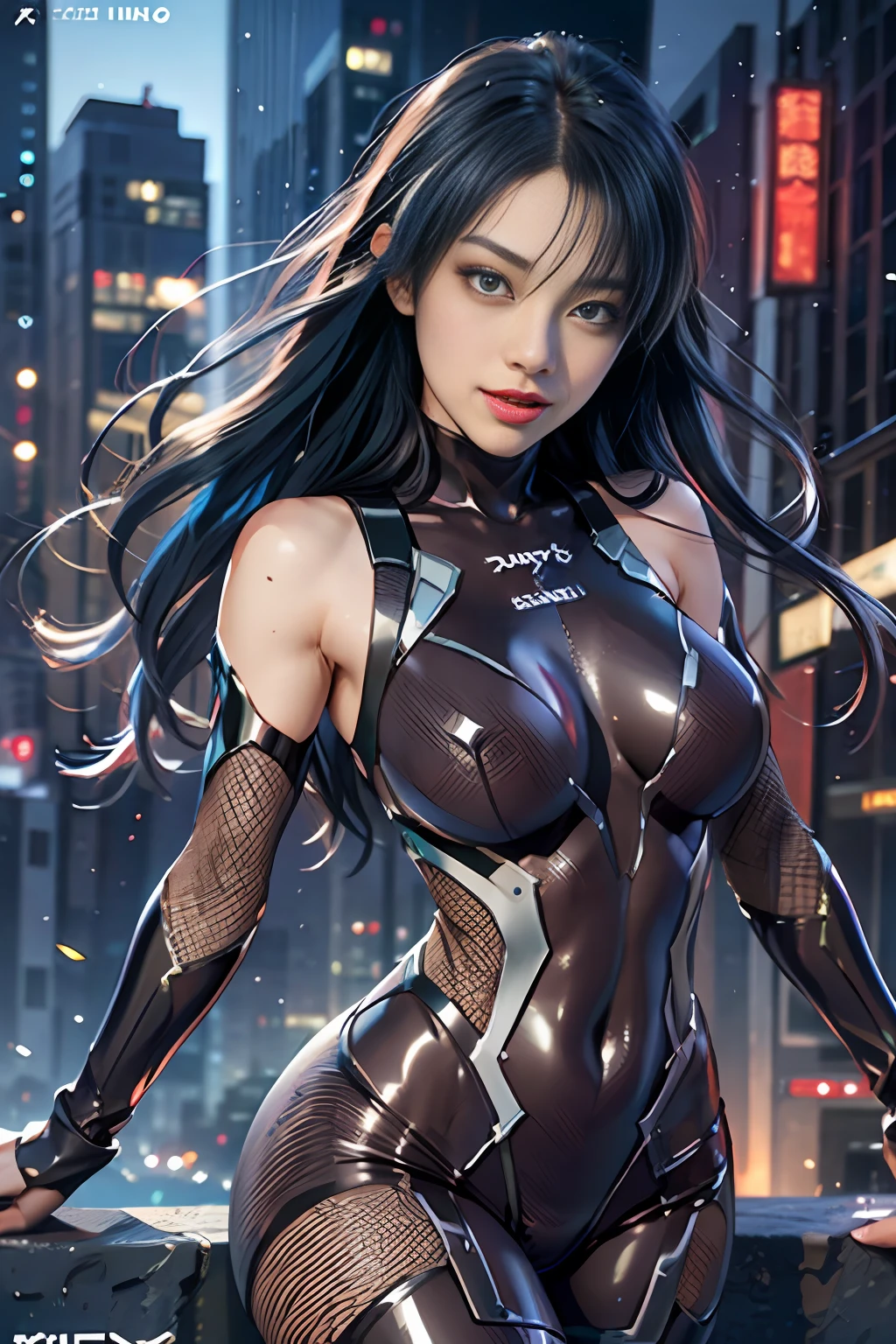 Full:1.6、stands、From Under:1.3、The Masterpiece,3D、Realstic、Ultra Micro Photography、best qulity、Ultra Detailed CG Unity ,8K,Wallpaper perfect face,intricate detail、(1 female)、30yo、((asagi
bodysuit,Taimanin suit)),Blue hair、Insane Ron Hair、Fluttering in the wind,bangs、 (Burst breasts:1.4、Slender and muscular,、Muscular abs,Very small face、Sexy and dynamic model poses,Erotic pose with legs wide open,tall and perfectly proportioned、Sexy and long legs,muscular thigh,large ass,Emphasis on the crotch)、Beautiful Faces, beautifull eyes,((alluring smile、Very Clean Face、Face Details:1.5、bright green eyes、Beautiful Faces、beautifull eyes、gloss eyes、thin lips:1.3、thin and sharp pale eyebrows,、long dark eyelashes、Double eyelashes))、cleavage breasts、Sexy boldly big、Very thin and fitting high-gloss silver holographic leather:1.3, Full body fishnet stockings,Shoulder out, pureerosface, A shy,Visible pores、 perfect hand:1.5、highly dramatic picture、octane renderings、late evening,City Skyline, neon light, ciber,Movie lighting,exquisite lighting and shadow、Dynamic angles、Dynamic backgrounds、detailed backgorund、DSLR Harp、Focus:1.0、Maximum clarity and sharpness、