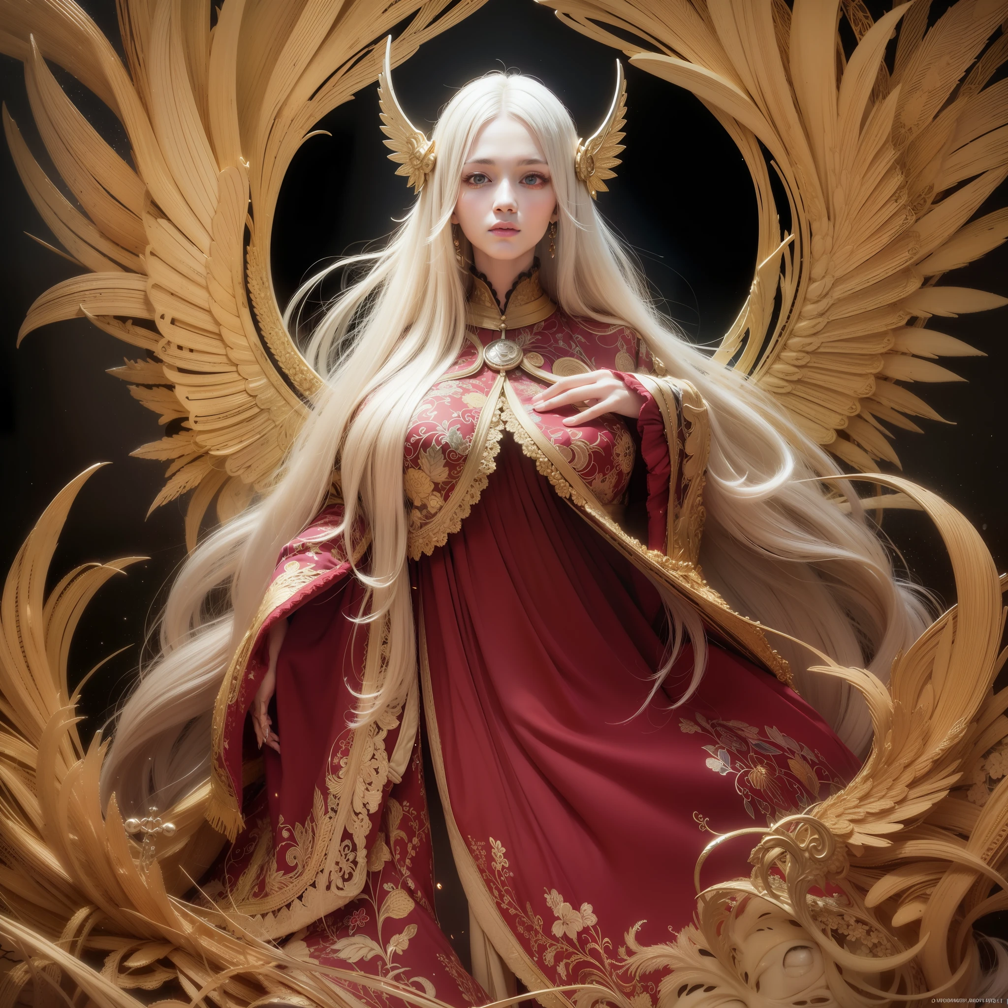 high resolution, highest quality, super high quality, super detail, ultra realistic, photorealistic, anime, illustration, fantasy, Northern Renaissance style, vampire, super intelligent beauty, mysterious, enchanting, sharp gold eyes, unkempt flowing layered long blonde hair, pointed ears, huge breasts, perfect proportion, slender, full body, big wings, veil, gorgeous crimson dress with gold embroidery, background Northern Renaissance style, kaleidoscope, royal palace