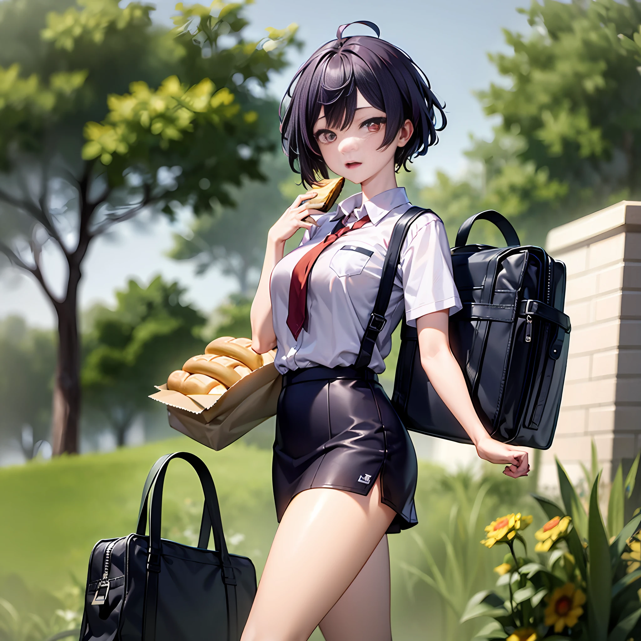 super detail,8k,hyper HD,tmasterpiece,color difference,richcolors,female high-school student,Short black shoulder-length hair,Big red eyes,adorable expression,Wear a white shirt underneath,Wear a Chinese-style school uniform outside,Carrying a school bag,Bread in one hand,The other hand wears black armor