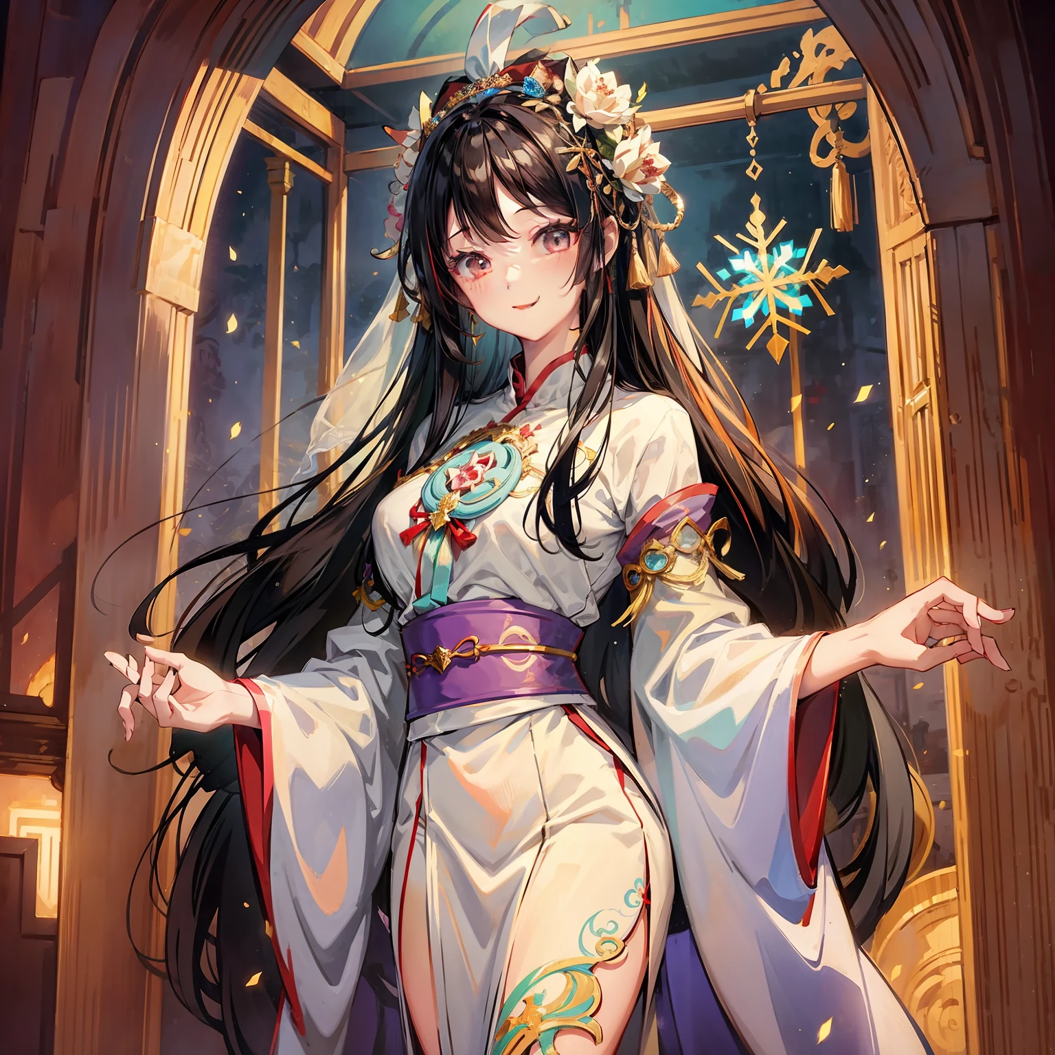 (Super detailed manga style)The beautiful girl has a noble smile,Tall figure,Cute and charming cat ears。She wore a white wedding dress,Standing in the doorway,Red lace trim,It looks exceptionally pure and moving。Her big eyes seemed to be filled with happiness and love。The garden in front of the door is filled with the two-dimensional style of shoujo manga,Includes nine grilles,Arched waves,Starry sky and snowflake decoration。Stand out from the background,with dynamism。