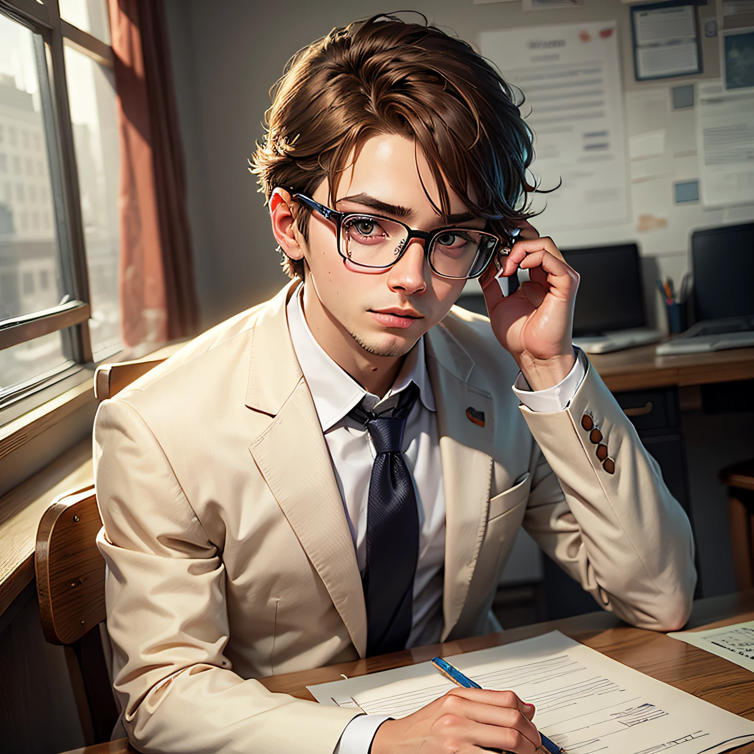 A boy，brown  hair，Tied hair，wears glasses，Pencil clipped to his ear，Brown eyeballs , Clean face，white business suit， realisticlying，Thick eyelashes，k hd，The upper part of the body，8k，high qulity，high detal， --auto