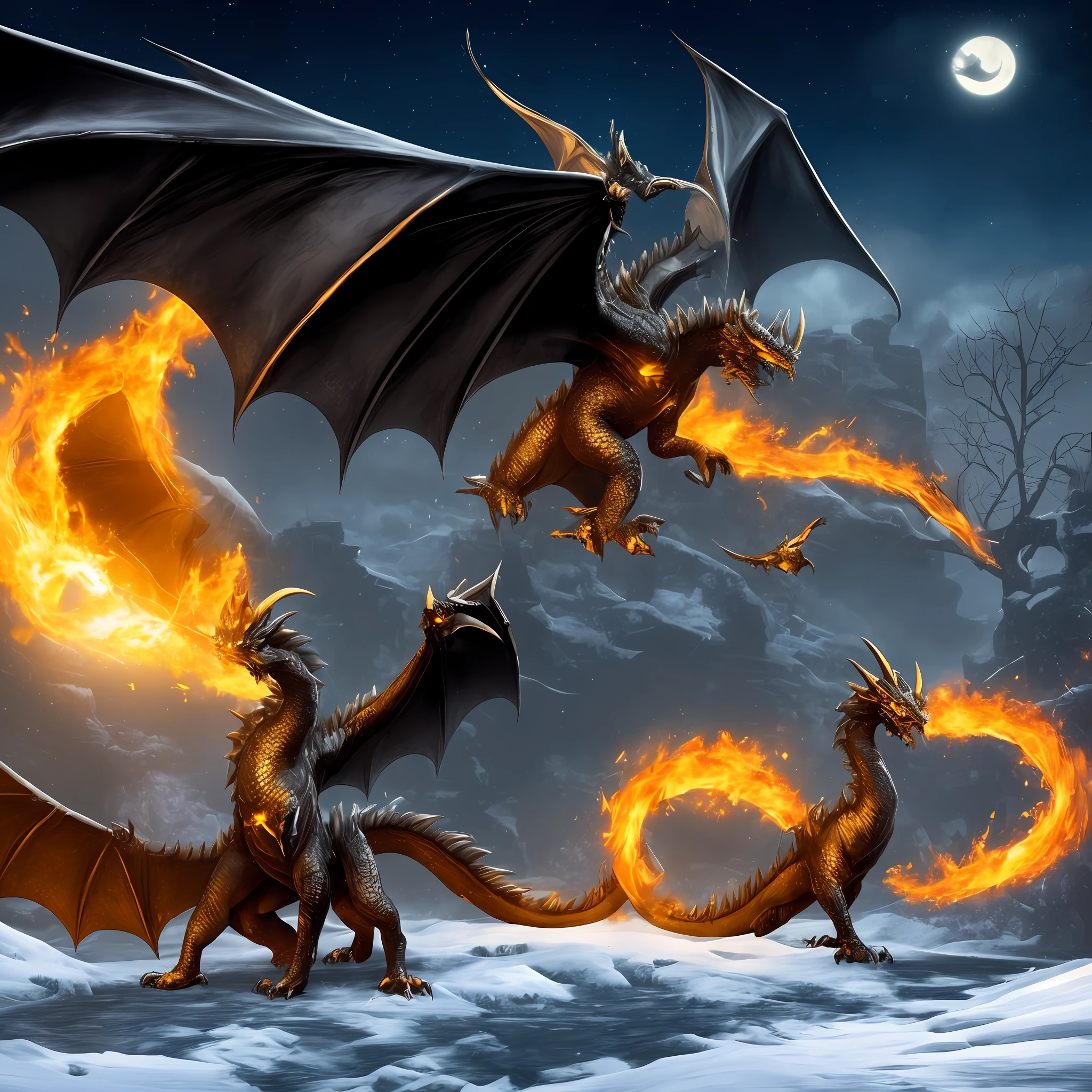 Black Dragon Golden-winged Roc against Dark, Bloodthirsty Snowy Night --auto