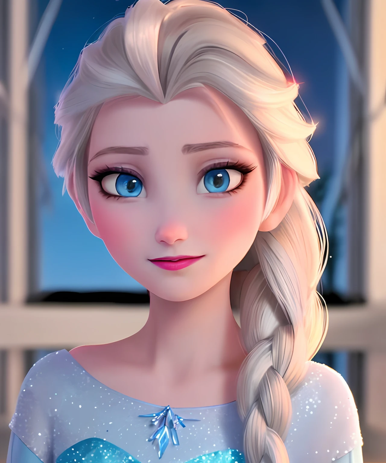 (Obra maestra:1.4), (Mejor calidad:1.4), (High resolution:1.4), (noche:1.2), (retrato:1.2), Elsa de Arendelle, vestido azul hielo, (single braid:1.1) ,single braid, Estilo disney, animacion disney, pelicula disney, ,fotografia profesional, close mouth, boca cerrada, ligera sonrisa