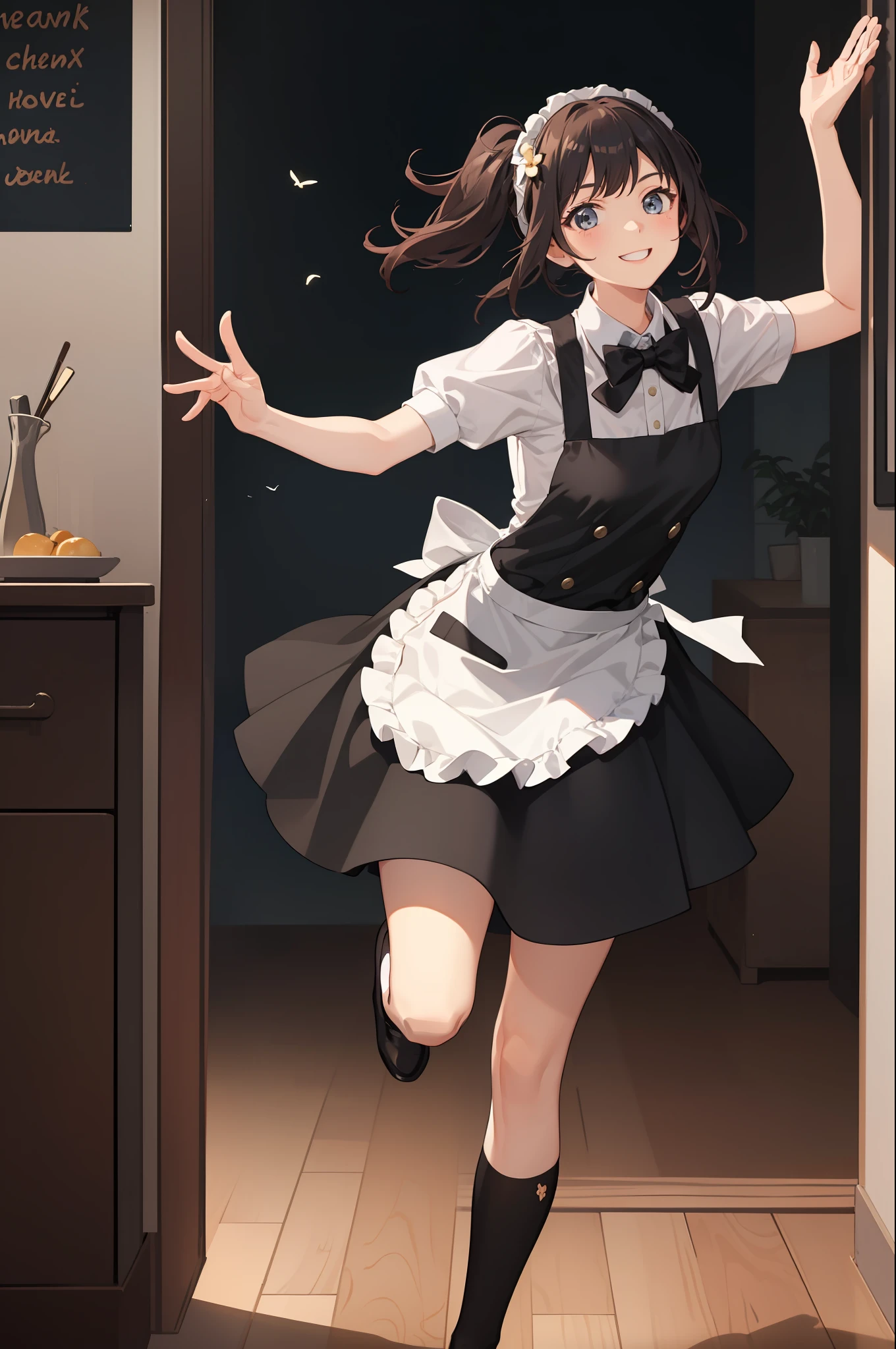 1 girl, smiling, skirt, (small) chillerism, dress, apron,,,,,,、 maid,,,,,,,,、 hair ornament, running briskly,