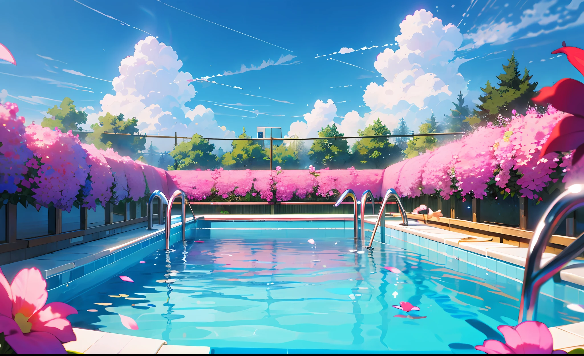 (Skysky+Clouds)shot,(Pool+Eau:0.8),(Flowers from:0.9)Float on the surface，Sparkling， Angle of view to shoot back，Pool edge blurring,The picture is dreamy,The colors are soft and picturesque.