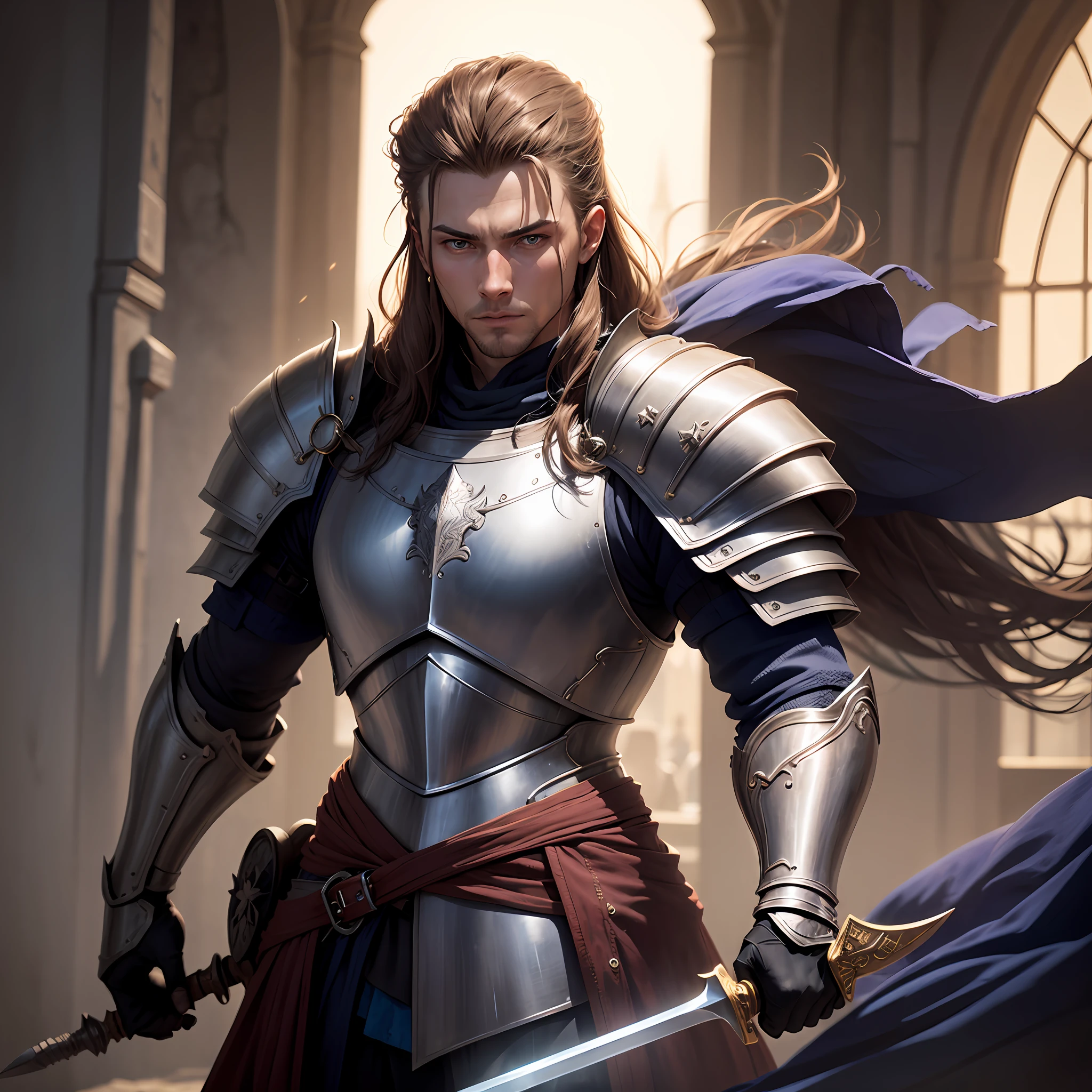 Knight of House Dayne wearing armor and holding the morning star sword, trajando armadura da guarda real, mantos brancos e olhos violetas