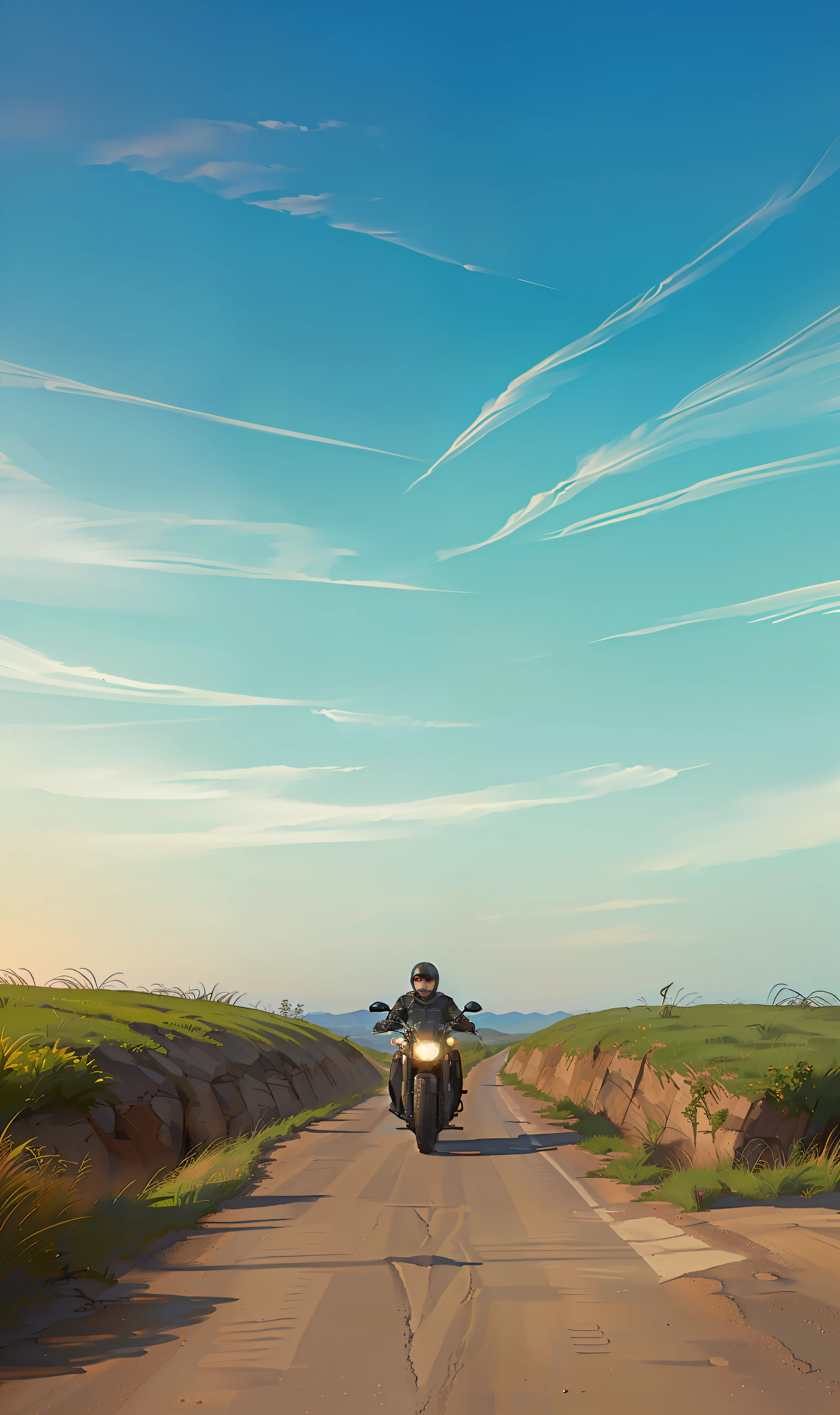 There was a man riding a motorcycle on a dirt road, riding on the road, on road, lonely rider, shot on iphone, side looking, the road is accessible, Long road, distant!!, In the distance, tour, taken with sony alpha 9, iphone capture, Track the horizon, Long dirt roads, looking towards the horizon --auto