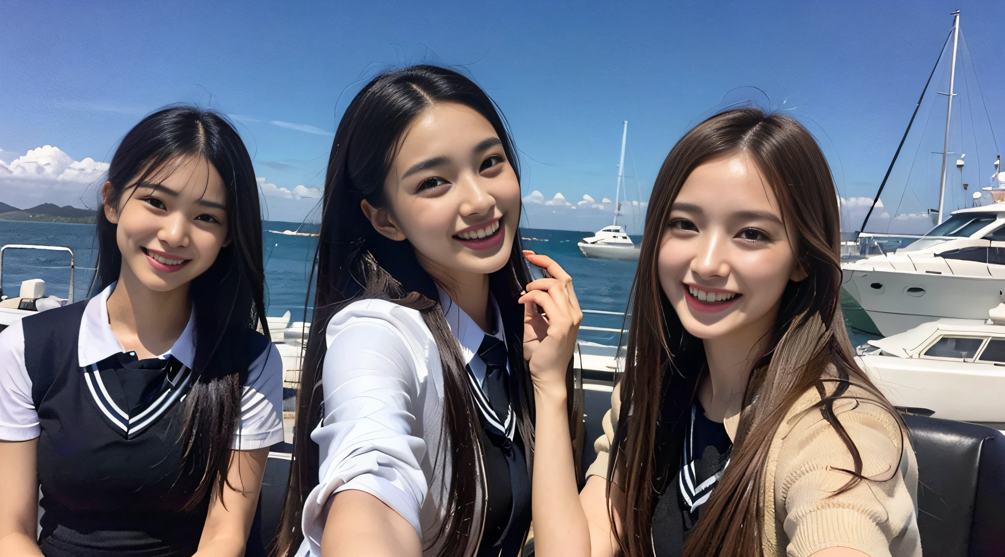 (8K、Raw photography、top-quality、masterpiece:1.2)、ultra-detailliert、ultra res、(realisitic、Real Photographics:1.47)、(I enjoy fishing out to sea by boat)Above the sea、High school girl with fishing rod、Fishing、fishing rod、Full of heart、Heart pattern(Fantastic lighting)head to waist、、de pele branca、Fair-skinned female proofreading、An ultra-high picture quality、、Beautiful female proofreading reflecting in light、amazing detailed、Beautiful girls in very detailed、Faces with different patterns、Different face patterns、Each hairstyle has its own characteristics、Farbe々Hairstyle、Farbe々Hair color shining with clean light、I enjoy fishing on a boat、Brown hair shining in the light、One has a ponytail、、Modern cute high school girl、very detailed faces very detailed eyes、Very realistic skin、 extremely detailed fingers, highly detailed nose, highly detail mouth, perfect anatomia, Highly detailed sailor suit、、The details of their hair and uniforms shine through、Burning teeth and smiling、Realistic body, de pele branca, glistning skin, Slim body, Long straight hair, (Blunt bangs:1.2), , nixeu and sakimichan, TWICE, Seifuku, sakimichan, JK Uniform, wearing japanese school uniform, promo still, Larisa Manobal, Japan school uniform, japanese girl school uniform, alena aenami and lilia alvarado