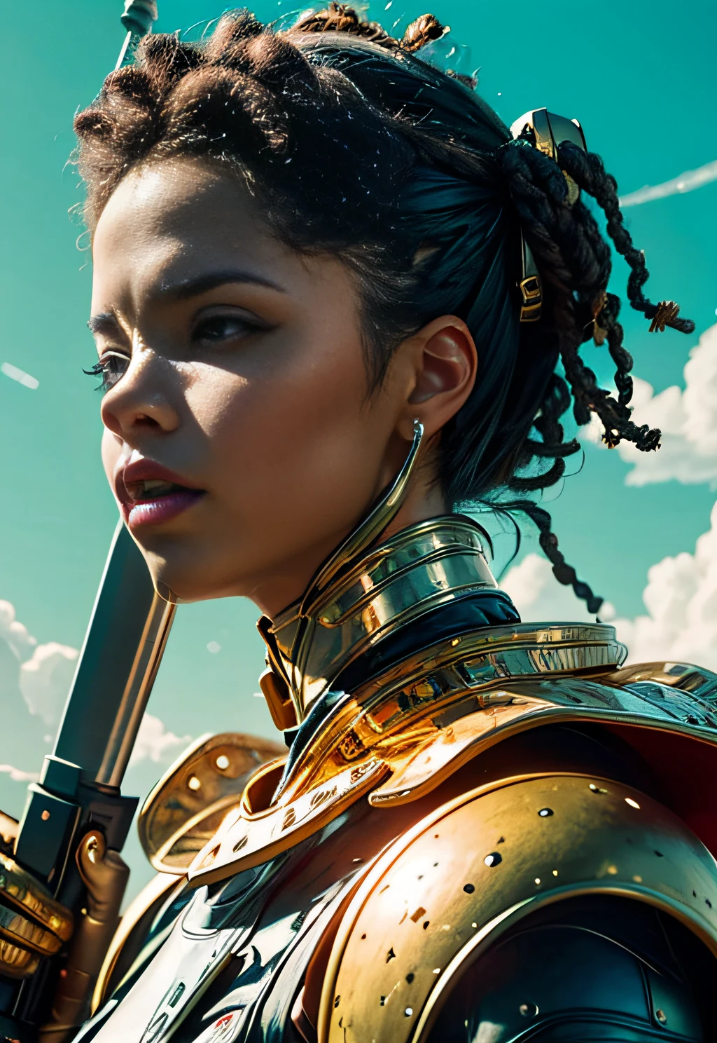 a close up of a man in a red and white outfit,(((Male))), (Man), Dark skin, Black man, red space suit, in a scifi movie, from a 2 0 1 9 sci fi 8 k movie, gold sci - fi armour, clothed in sci-fi military armor, textless, altered carbon series, afrofuturism style, sci fi, key art, afrofuturism, wakanda, Picture of the week, RAW, beautiful, (finely detailed skin), African skin, pilot, imechanical futuristic uniform, weapon in holster, glowing electrick Clouds in the background, lightning, extremely detailed,colorful,highest detailed, (dynamic pose), shiny skin, zentangle, flowers, abstract background,(masterpiece) (perfect proportion)(realistic photo)(best quality) (detailed) photographed on a Canon EOS R5, 50mm lens, F/2.8, HDR, (8k) (wallpaper) (cinematic lighting) (dramatic lighting) (sharp focus) (intricate)