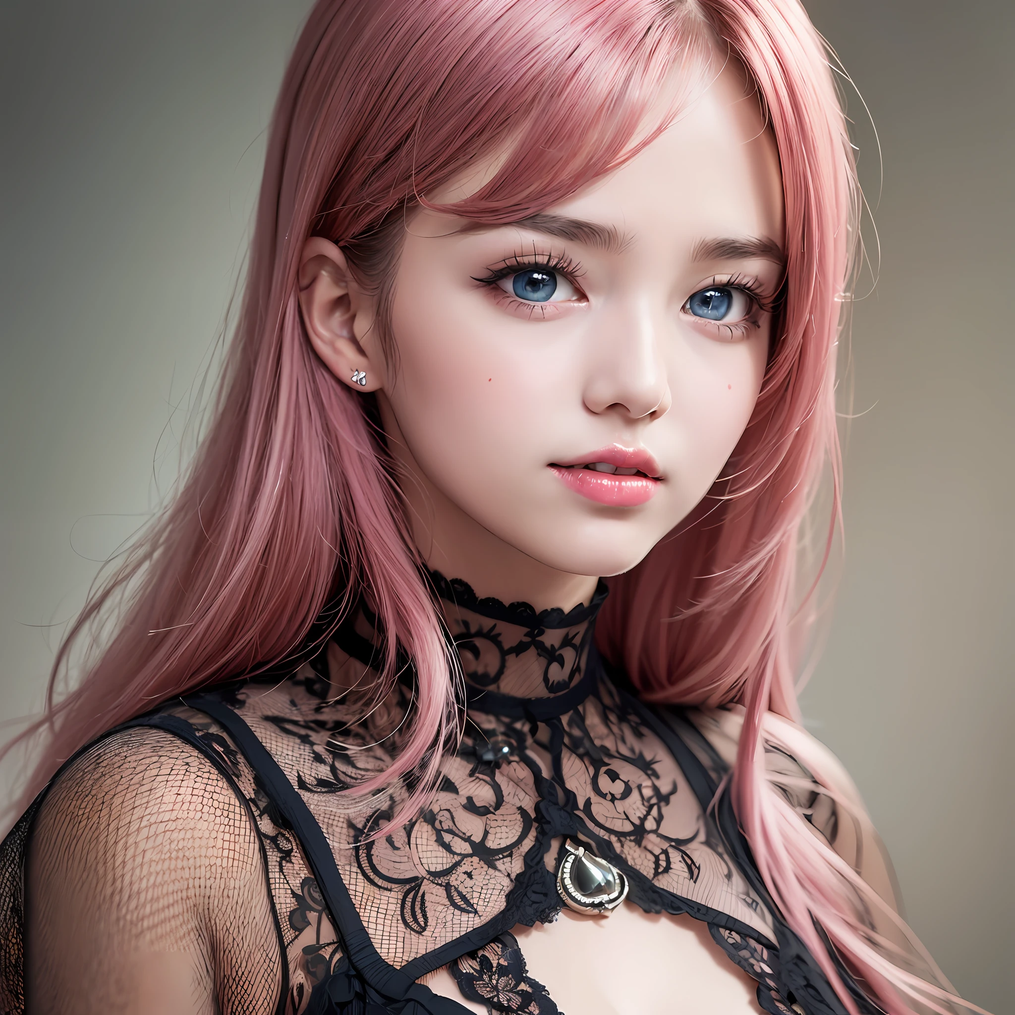 Top Quality, Ultra High Resolution, (Photorealistic: 1.4), (Detailed Beautiful Girl: 1.4), (Middle Breast: 0.8), looking_at_viewer, Detailed Facial Details, Beautiful Detailed Eyes, Pink Hair, Blue Eyes, Slender, Unforgettable Smile, (Makeup: 0.3), Red Lips, Highly Detailed Clothes, (ulzzang-6500-v1.1: 0.3)