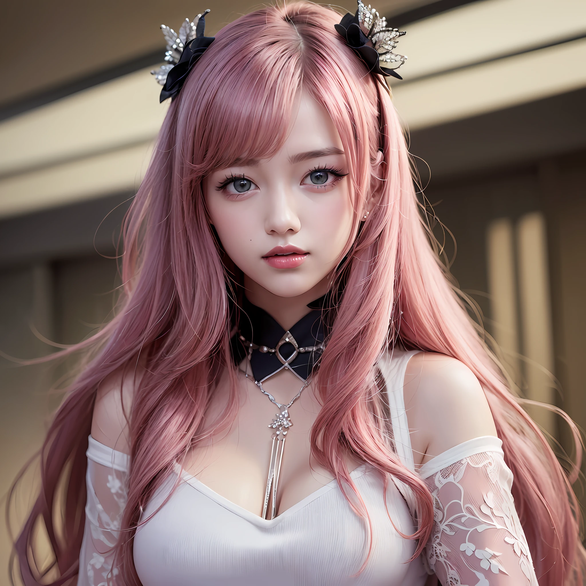 Top Quality, Ultra High Resolution, (Photorealistic: 1.4), (Detailed Beautiful Girl: 1.4), (Middle Breast: 0.8), looking_at_viewer, Detailed Facial Details, Beautiful Detailed Eyes, Pink Hair, Blue Eyes, Slender, Unforgettable Smile, (Makeup: 0.3), Red Lips, Highly Detailed Clothes, (ulzzang-6500-v1.1: 0.3)