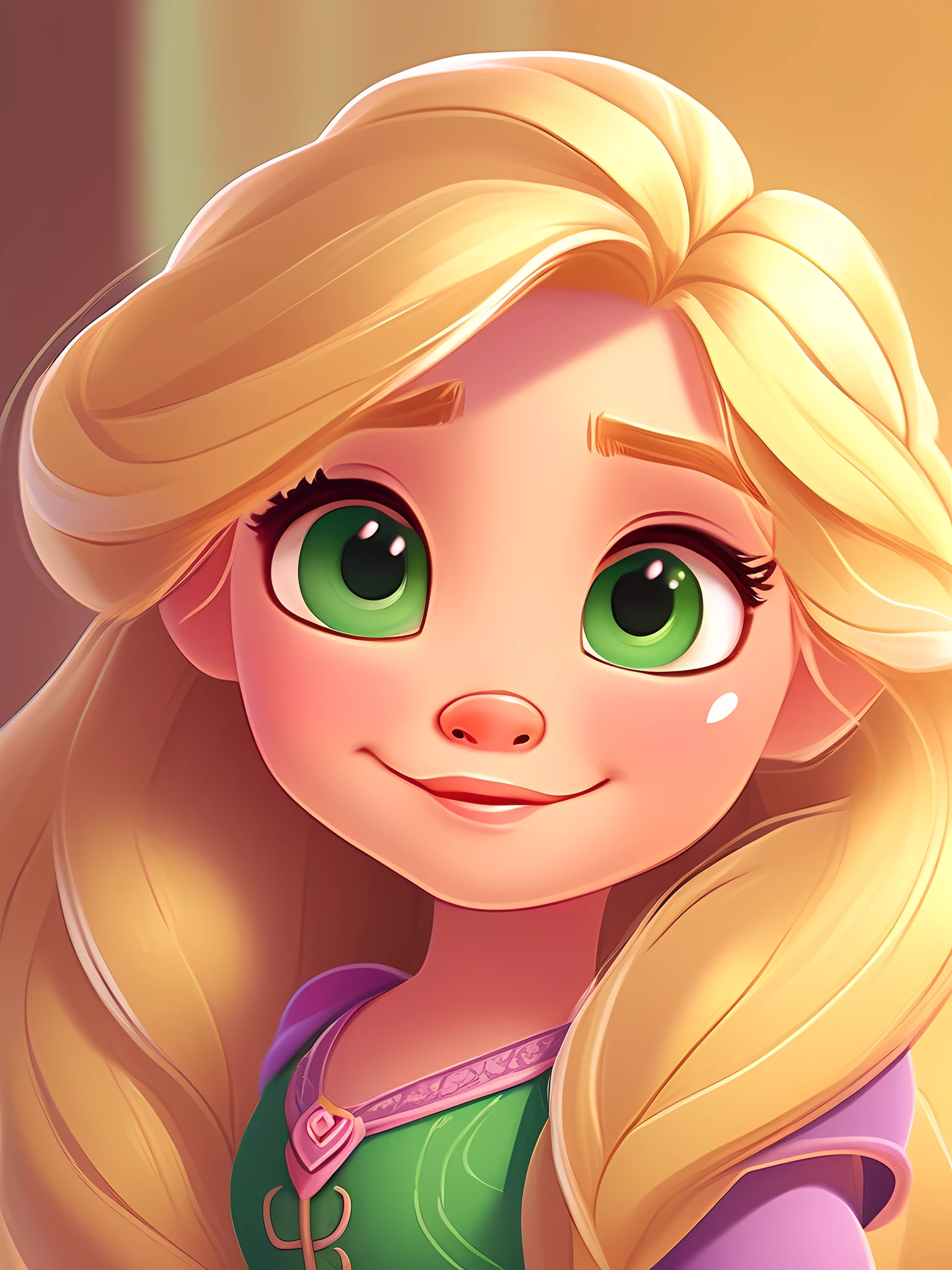 wallpaper, a portrait of a cute girl, Disney princess Rapunzel, long blonde haired, big cute green eyes whit bright, defined eyelashes, symmetrical pupils, cute detailed digital art, cartoon style, smiling, Beautiful and Beautiful, bright colors, Solo, Artstation, storybook illustration, flat shading, lineart, outline, Vector style, no gradient, 8k, Ultra High Resolution, , 2D game art, flat color, Purple Background, deviantart contest winner, pop surrealism, masterpiece, ultra hd, deviantart hd
