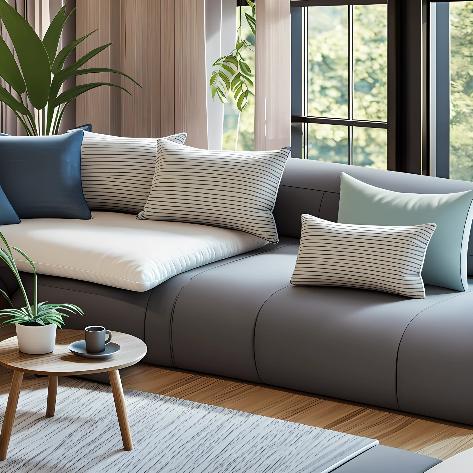 Summer afternoon living room Sunlight shining through the window on the sofa 2 latex pillows on the sofa There is a cat under the sofa --auto
