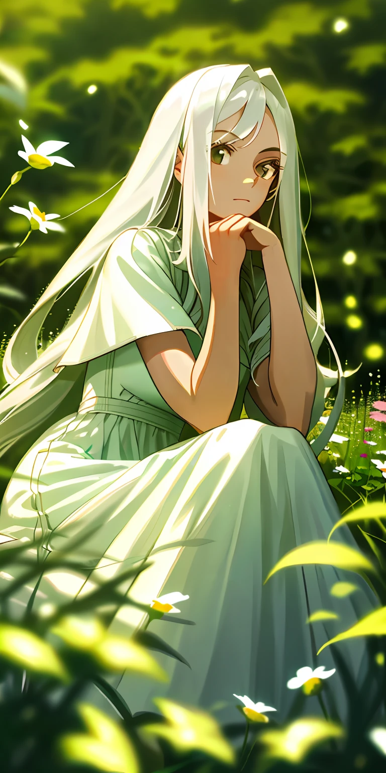 (masterpiece, best quality),1girl with long white hair sitting in a field of green plants and flowers, her hand under her chin, warm lighting, white dress, blurry foreground