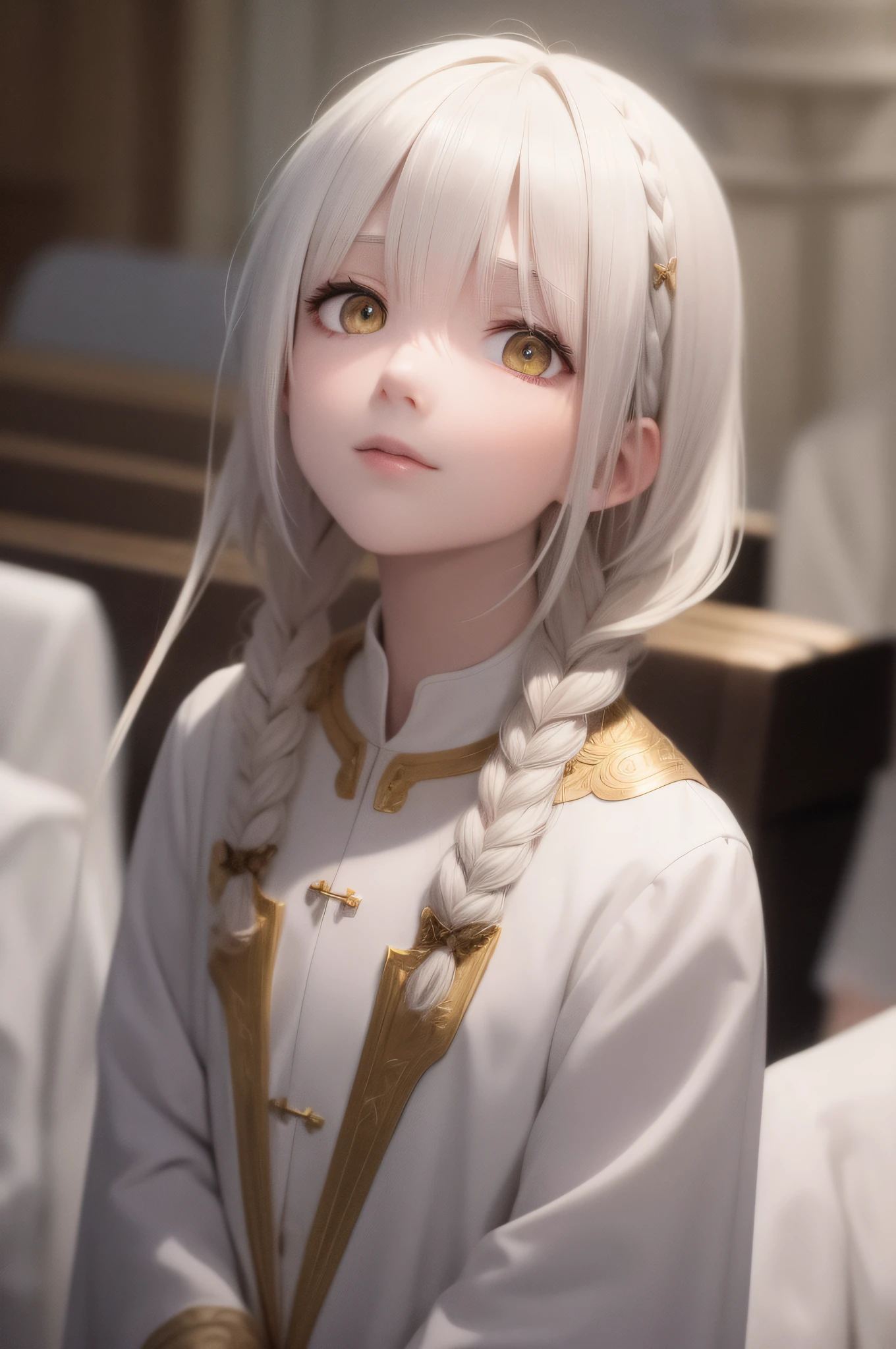 Need,tmasterpiece,whaite hair,Golden eyes,Manteau blanc,Look up,The upper part of the body,Hairline,Fair skin,SideBraid，Church background