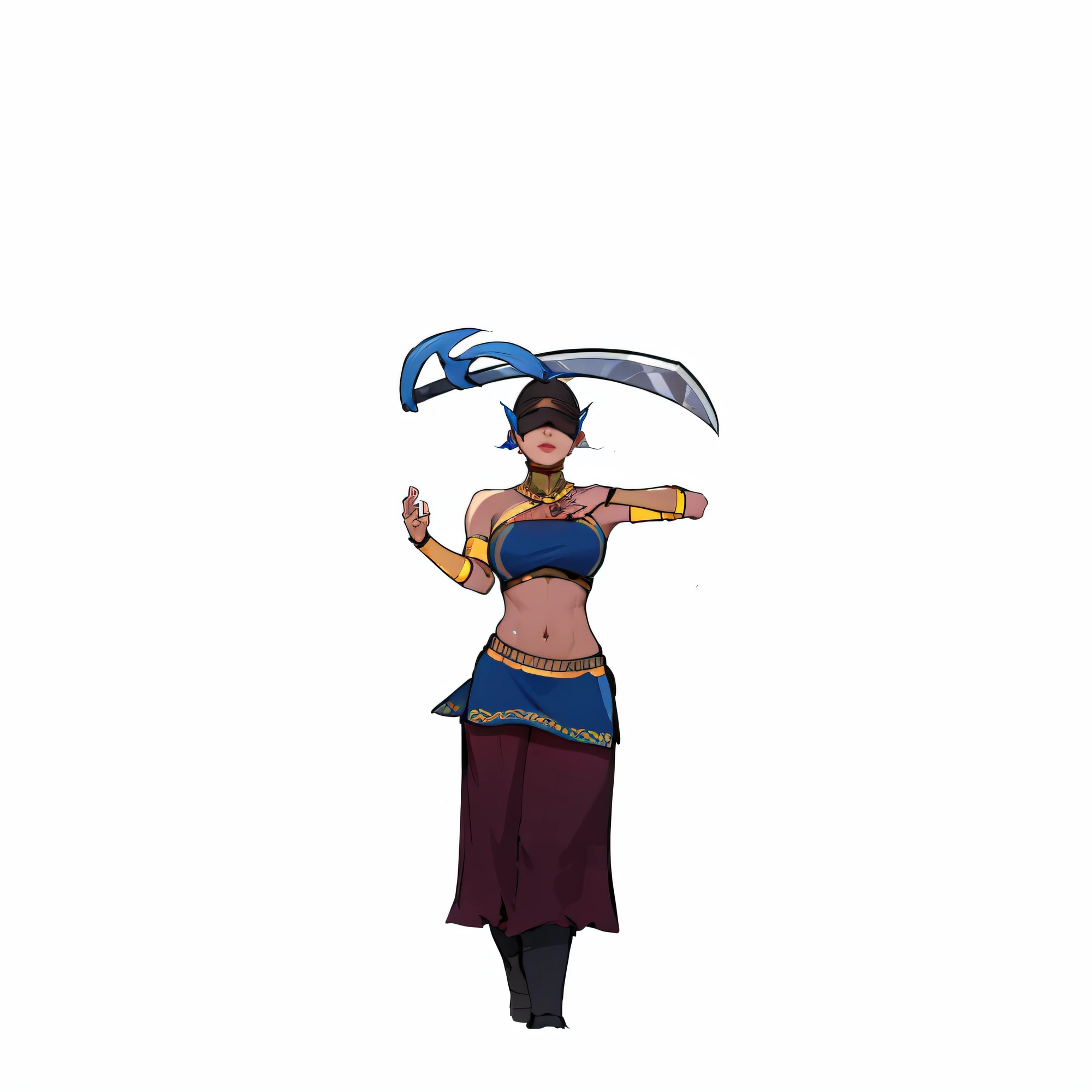 Belly dancer balancing a sword under her head, roupa azul, pele de azeitona, blindfold, pulseiras de ouro, cabelos ruivos escuros