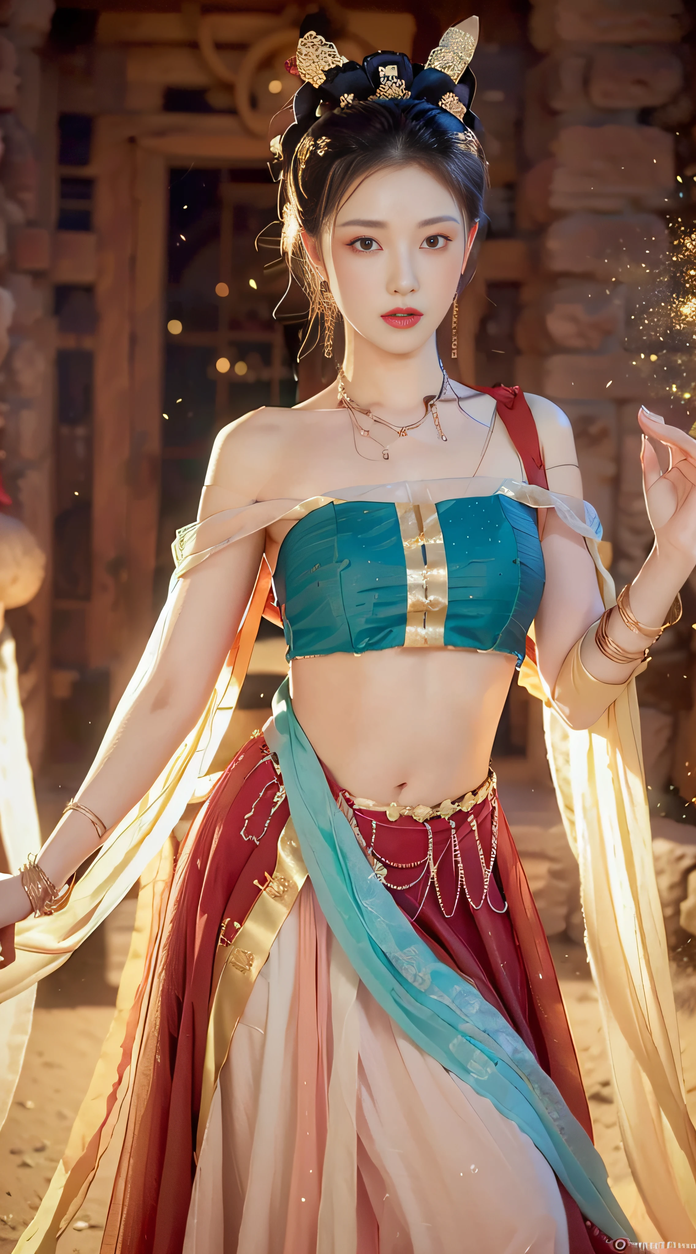 (8k, RAW photo, best quality, masterpiece:1.2), (realistic, photo-realistic:1.4), (extremely detailed CG unity 8k wallpaper), (1 girl:1.5), Western beauty, (Red clothes: 1.4), red spots on forehead, pale skin, blush, big eyes, full body, thighs, open navel, gold waist chain, gold jewelry, flying ribbons, particles, background is Loulan ancient city, ancient city wall, desert, dance, dunhuang_dress, dunhuang_style,