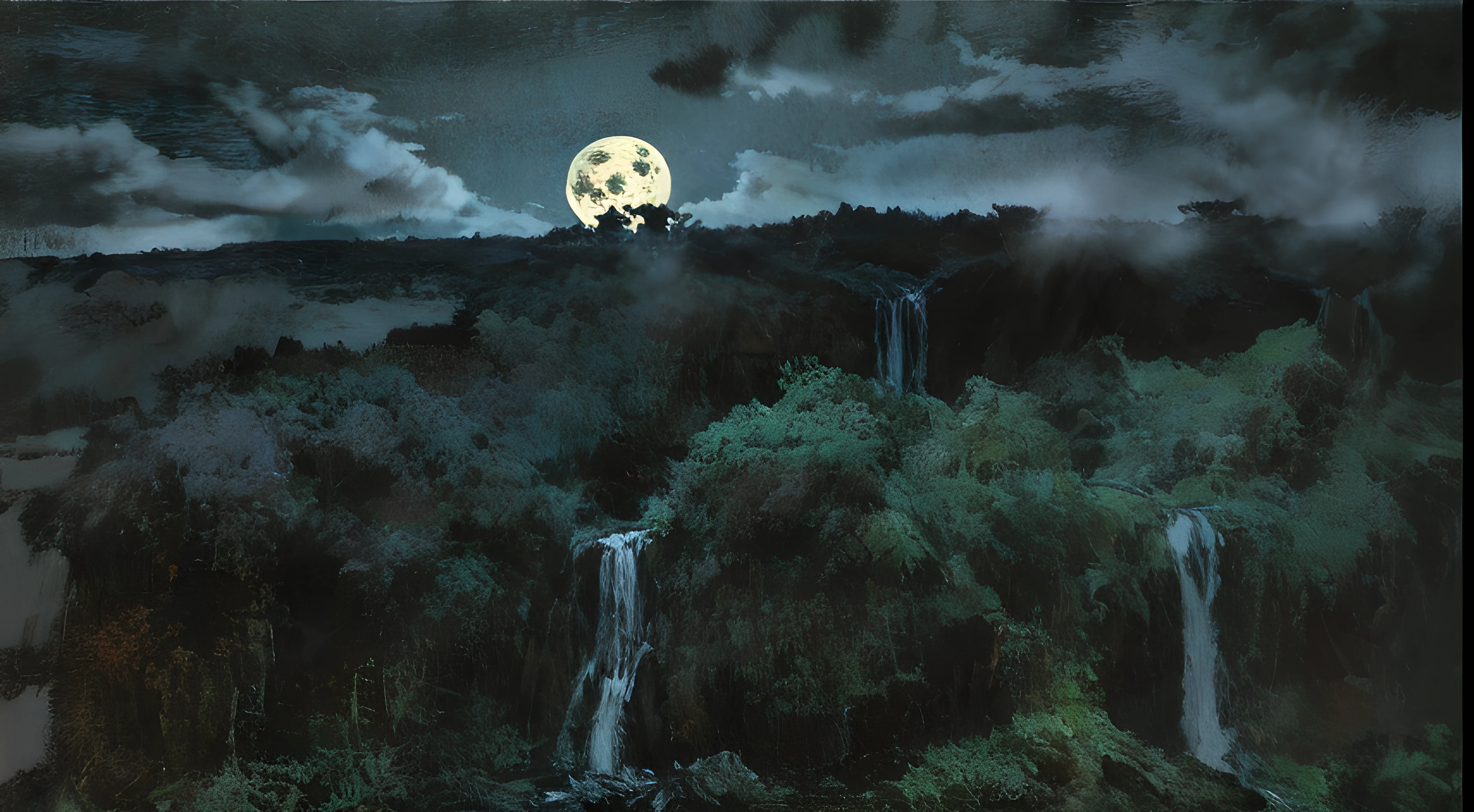 (((paisaje))) Luz de Luna (((Noche espeluznante, niebla)))(((blue cool tones))), aceites, detallado e intrincado, of a dense jungle filled with exotic plants, Luz de Luna, (((Noche espeluznante, niebla))). Al estilo de Yoshitaka Amano y Hayao Miyazaki, obra maestra, proporcionado, detallado, tendencias en Artstation, beautiful lighting, realista, intrincado, galardonado, 4k, Highest Quality Award-Winning, Pintura digital 4K al estilo de Yoshitaka Amano. Detailed and intricate depiction of a zombie apocalypse, capturando magistralmente el caos y el drama de la escena. The beautiful lighting and cinematographic composition make this piece a true masterpiece.