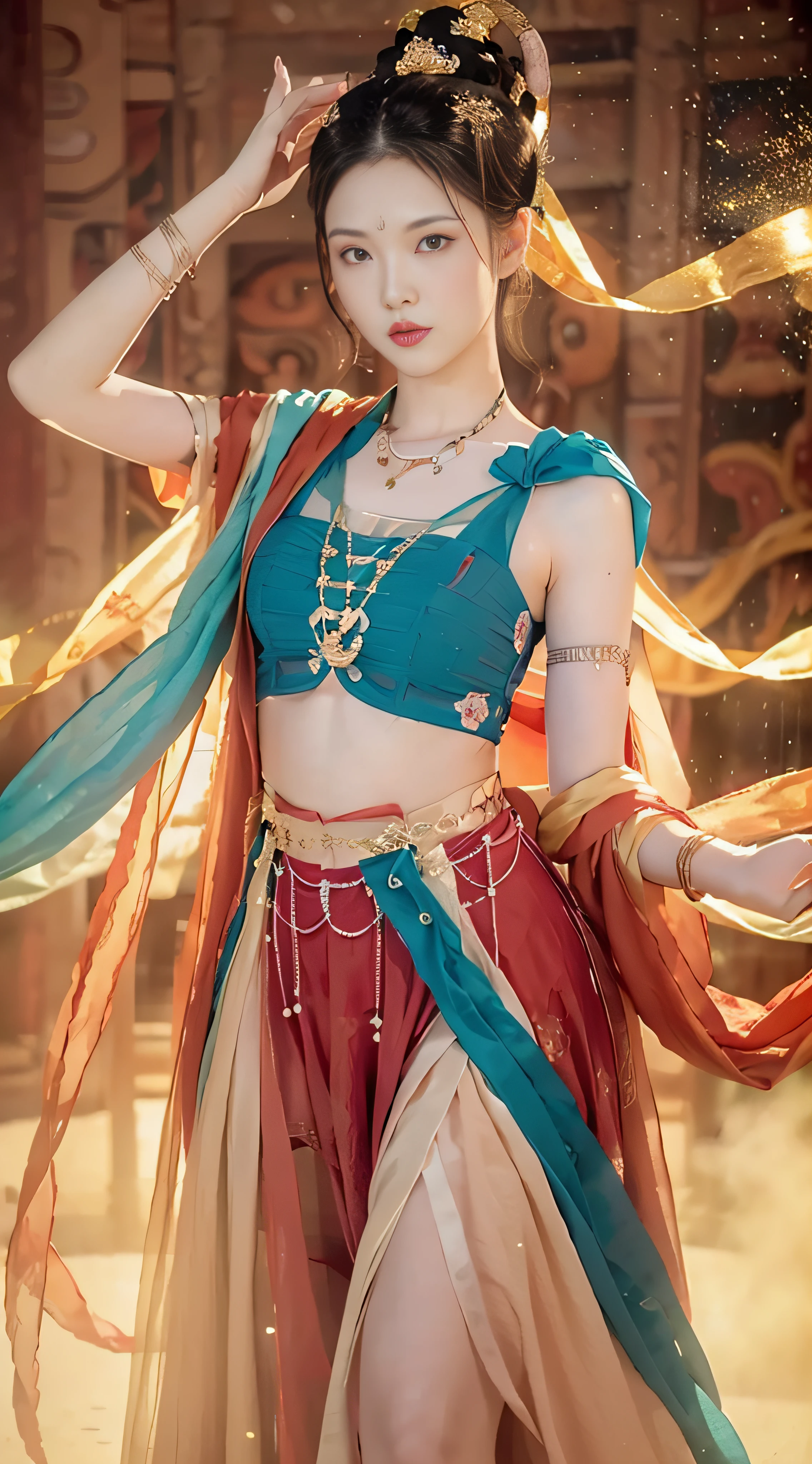 (8k, RAW photo, best quality, masterpiece:1.2), (realistic, photo-realistic:1.4), (extremely detailed CG unity 8k wallpaper), (1 girl:1.5), Western beauty, (Red clothes: 1.4), red spots on forehead, pale skin, blush, big eyes, full body, thighs, open navel, gold waist chain, gold jewelry, flying ribbons, particles, background is Loulan ancient city, ancient city wall, desert, dance, dunhuang_dress, dunhuang_style,