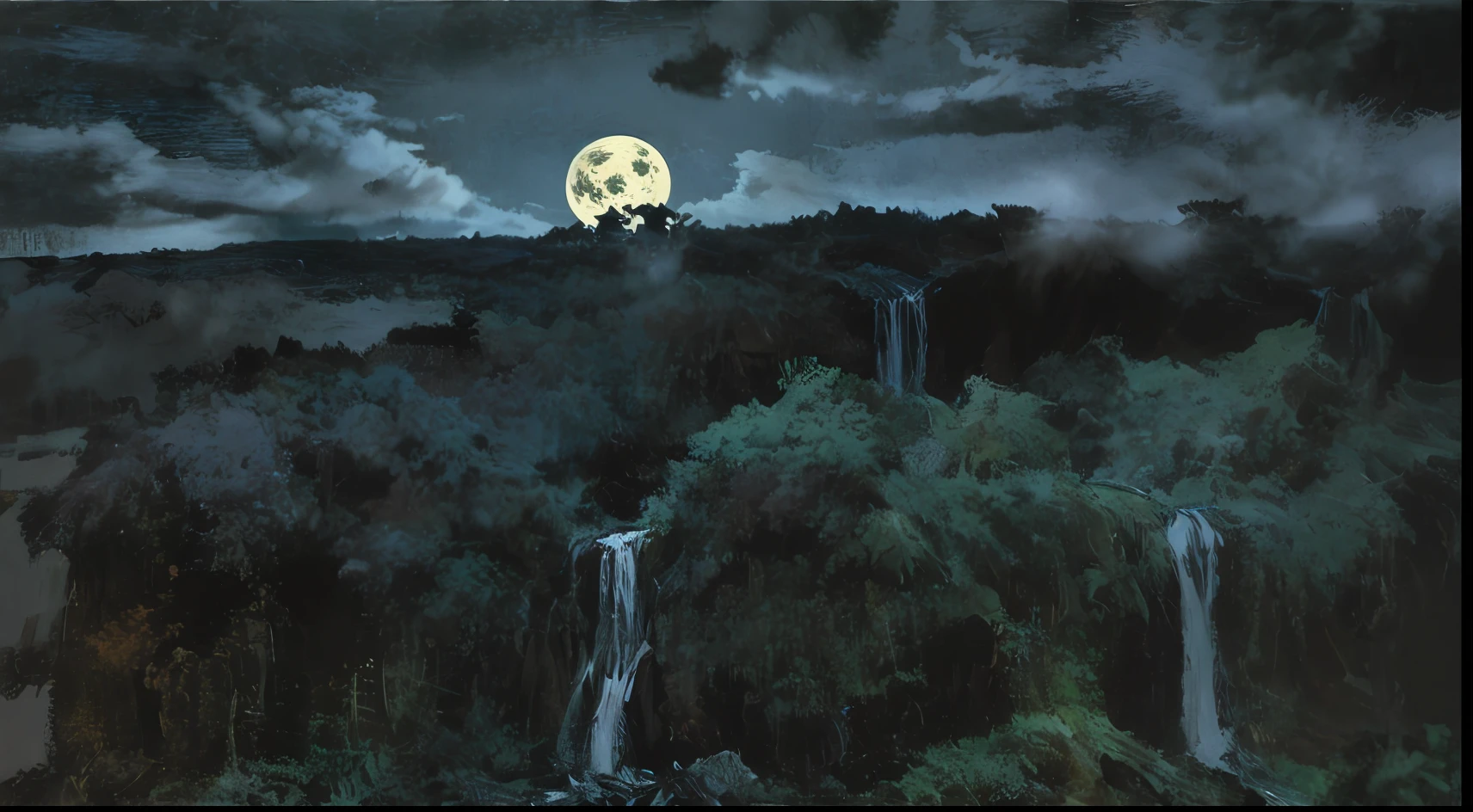 (((paisaje))) Luz de Luna (((Noche espeluznante, niebla)))(((blue cool tones))), aceites, detallado e intrincado, of a dense jungle filled with exotic plants, Luz de Luna, (((Noche espeluznante, niebla))). Al estilo de Yoshitaka Amano y Hayao Miyazaki, obra maestra, proporcionado, detallado, tendencias en Artstation, beautiful lighting, realista, intrincado, galardonado, 4k, Highest Quality Award-Winning, Pintura digital 4K al estilo de Yoshitaka Amano. Detailed and intricate depiction of a zombie apocalypse, capturando magistralmente el caos y el drama de la escena. The beautiful lighting and cinematographic composition make this piece a true masterpiece.
