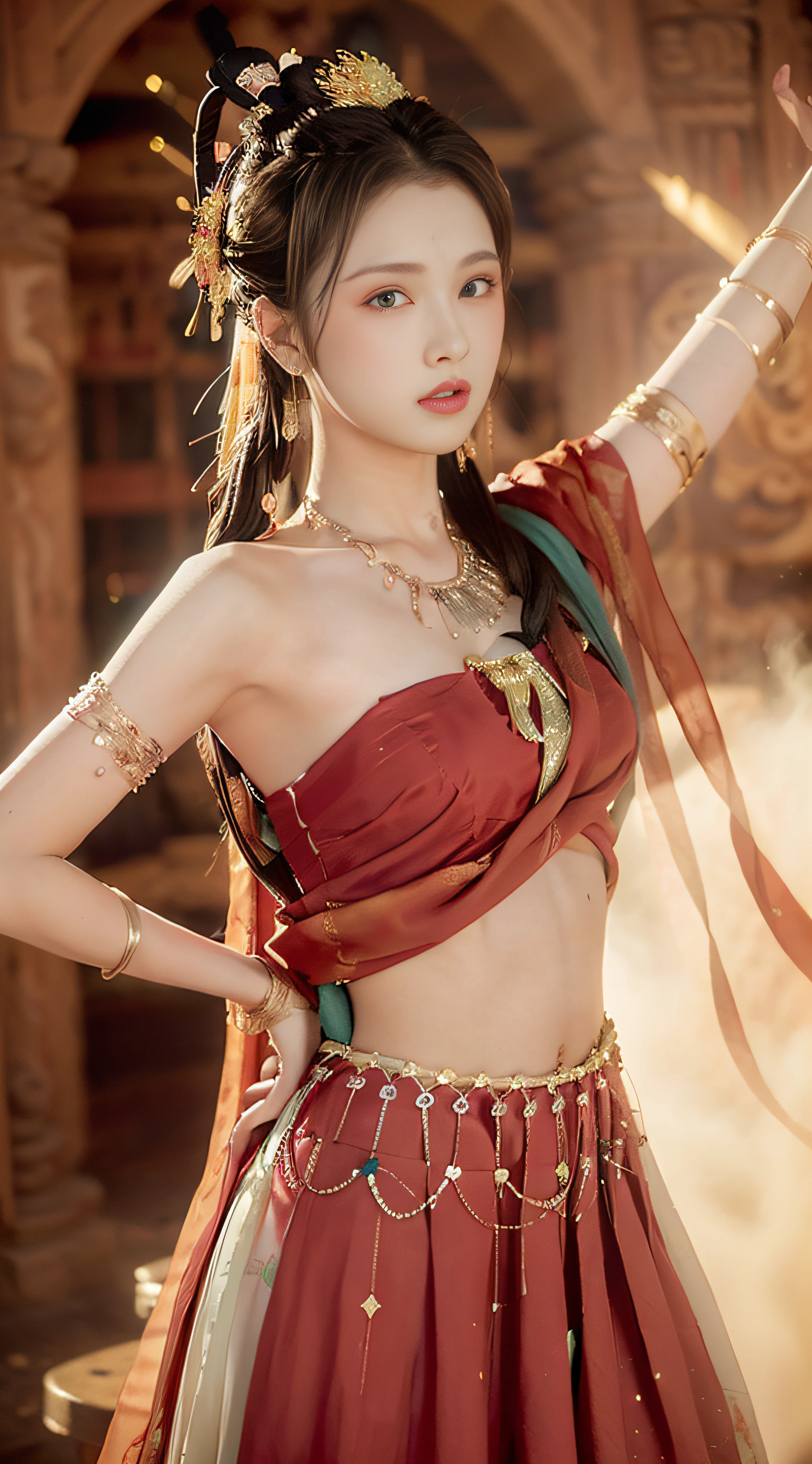 (8k, RAW photo, best quality, masterpiece:1.2), (realistic, photo-realistic:1.4), (extremely detailed CG unity 8k wallpaper), (1 girl:1.5), Western beauty, (Red clothes: 1.4), red spots on forehead, pale skin, blush, big eyes, full body, thighs, open navel, gold waist chain, gold jewelry, flying ribbons, particles, background is Loulan ancient city, ancient city wall, desert, dance, dunhuang_dress, dunhuang_style,
