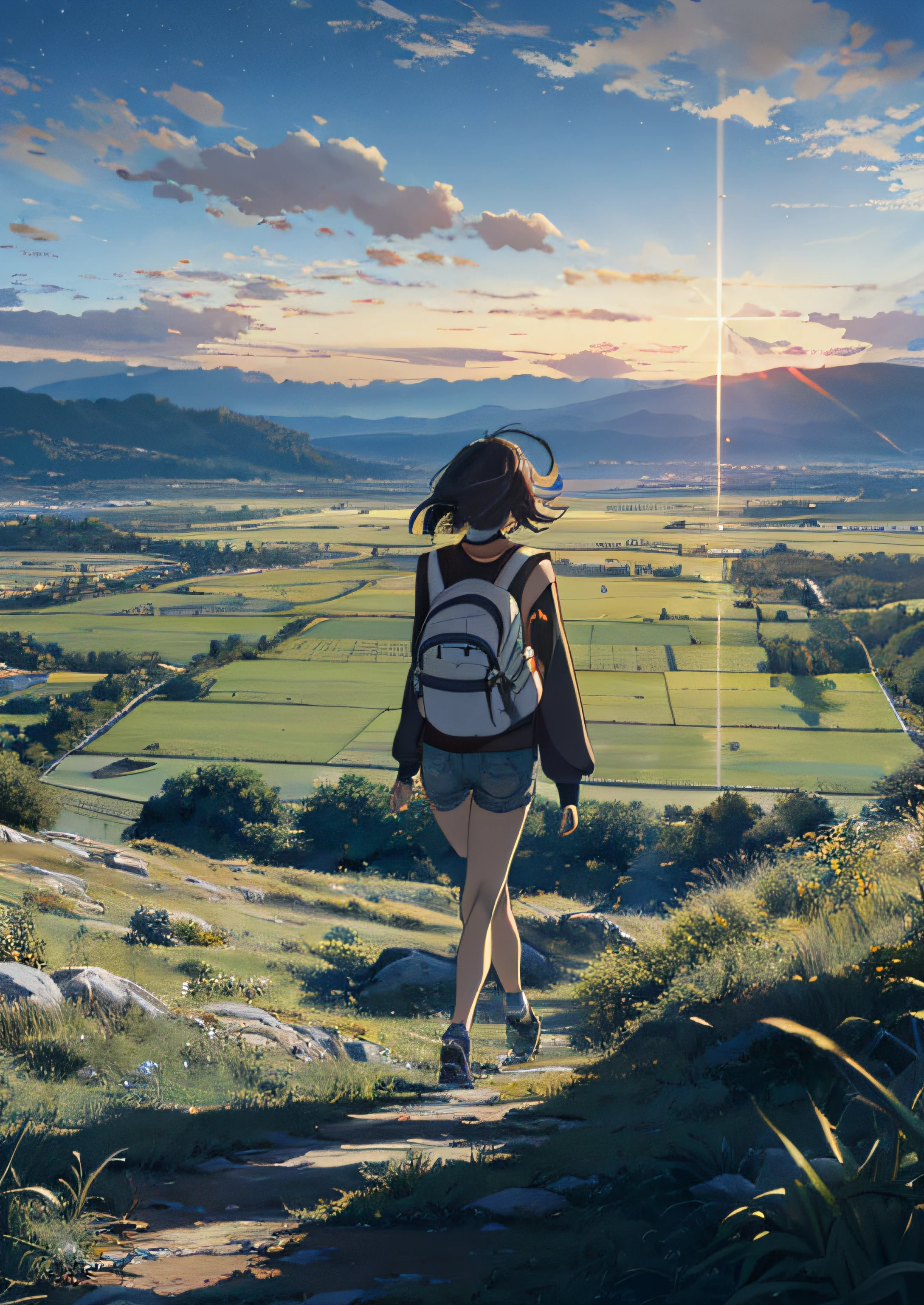 (The vast sky, the beautiful skyline, the vast grasslands, full of tension and drama) (the high-hanging Polaris and the colorful natural light)|(clear sky) (1girl, long-sleeved top, denim shorts, carrying a backpack, walking forward)