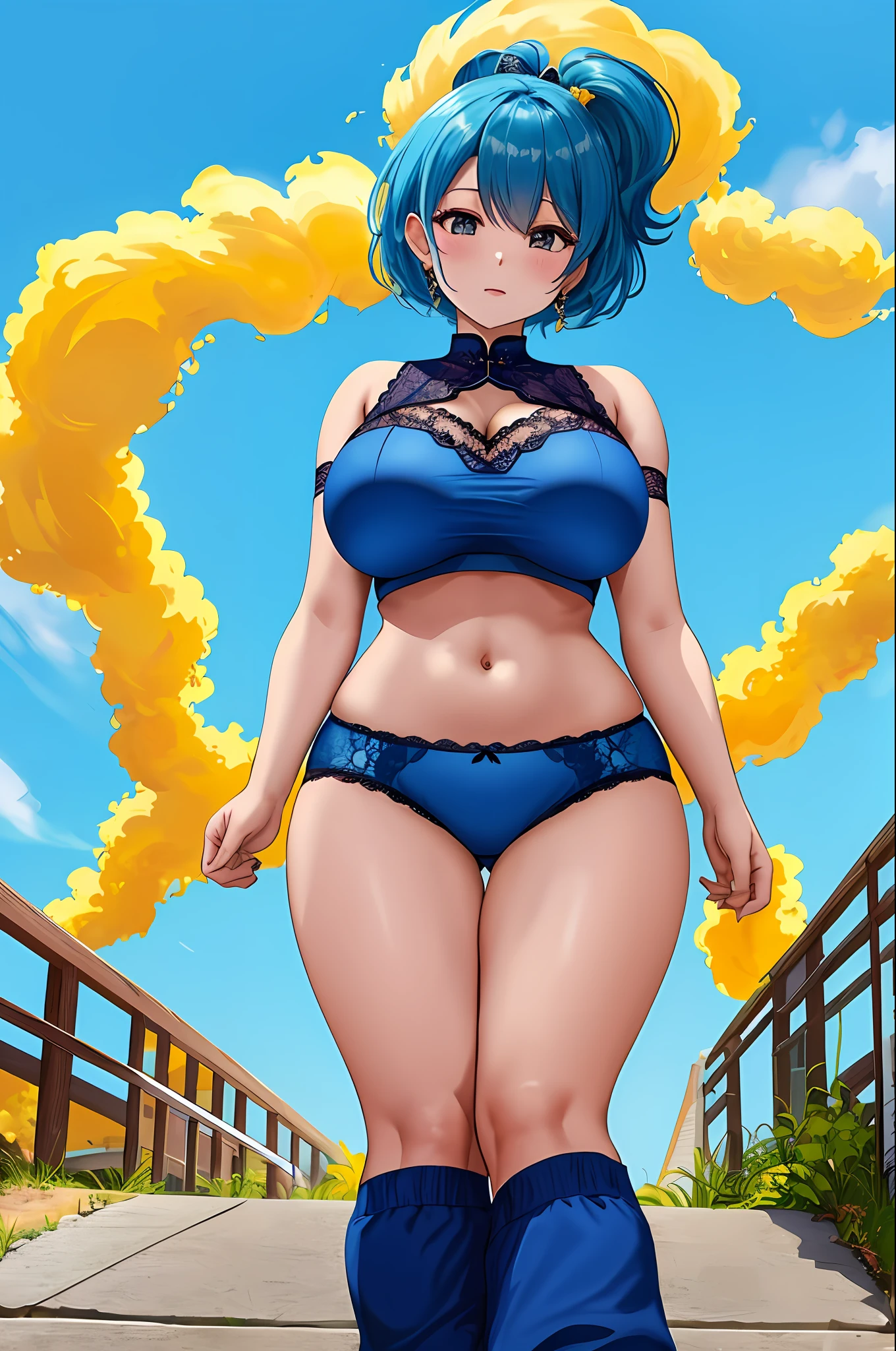 pedestrian walkway， 城市， blue-sky， from below， huge tit，underbust， woman， cropped-fc，，， BTPT-FC， dark blue lace underwear， gnome， 1girll， 详细的脸， illustratio